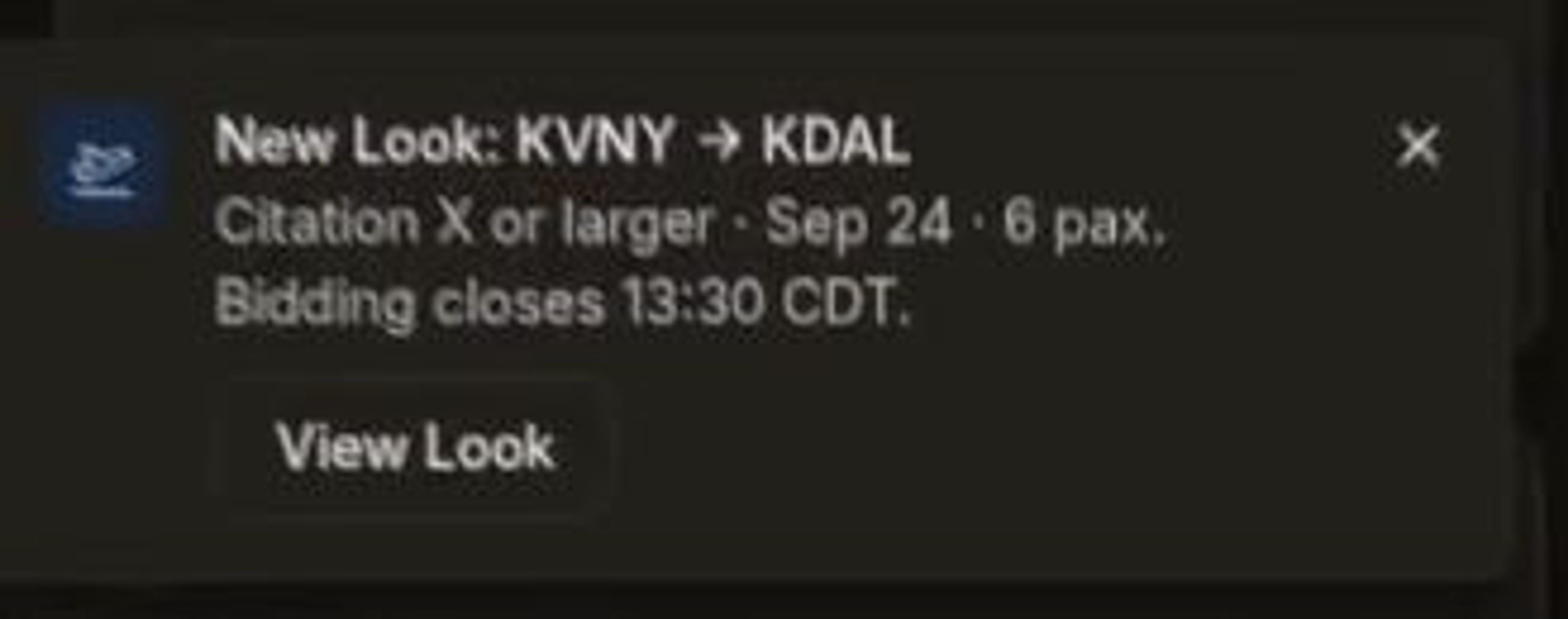 LastLook new-trip notification showing KVNY to KDAL, the aircraft requirement, six passengers, a bidding deadline and a View Look action.