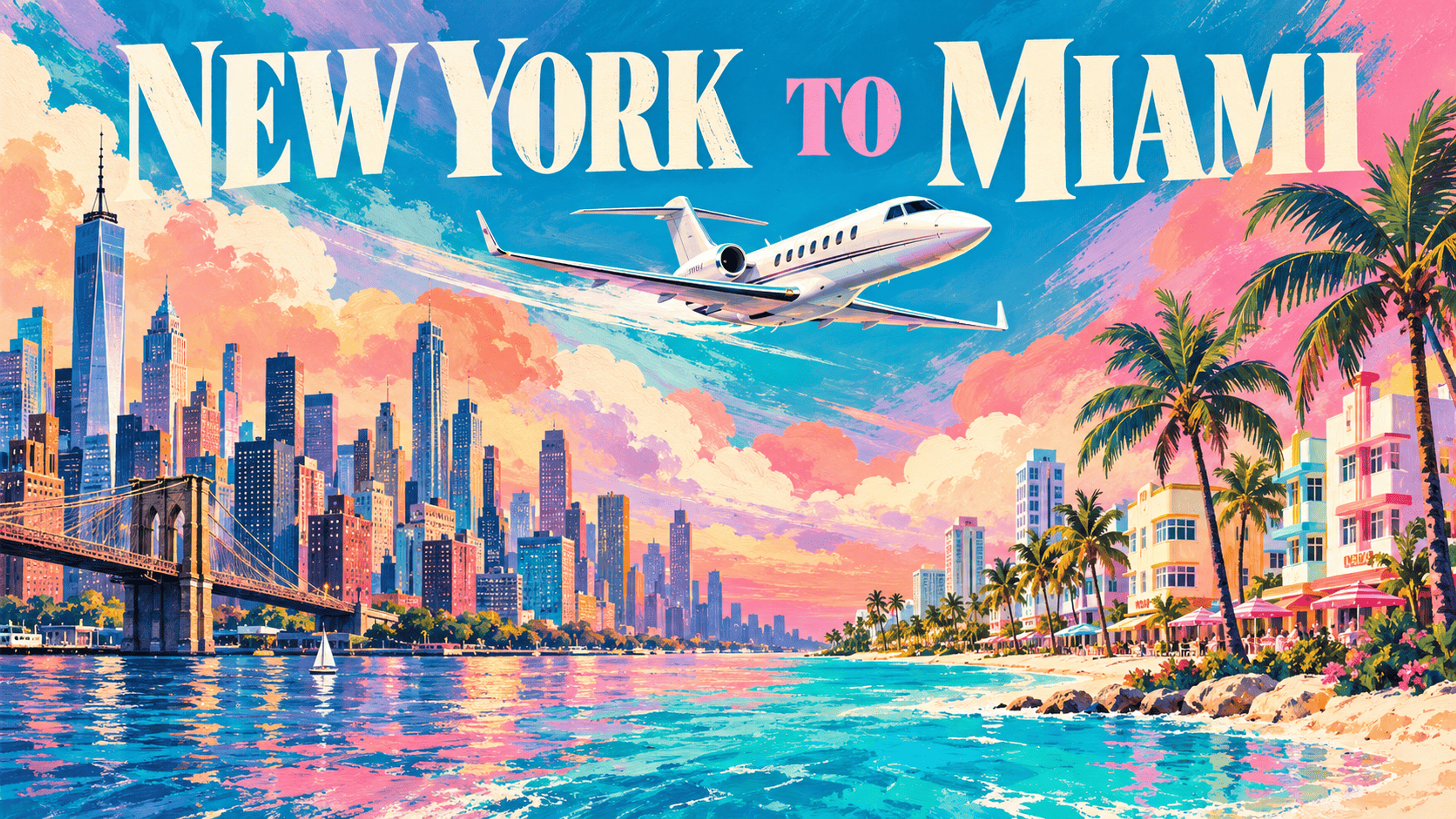 Painted New York skyline and Miami waterfront beneath a white business jet, with the title New York to Miami.