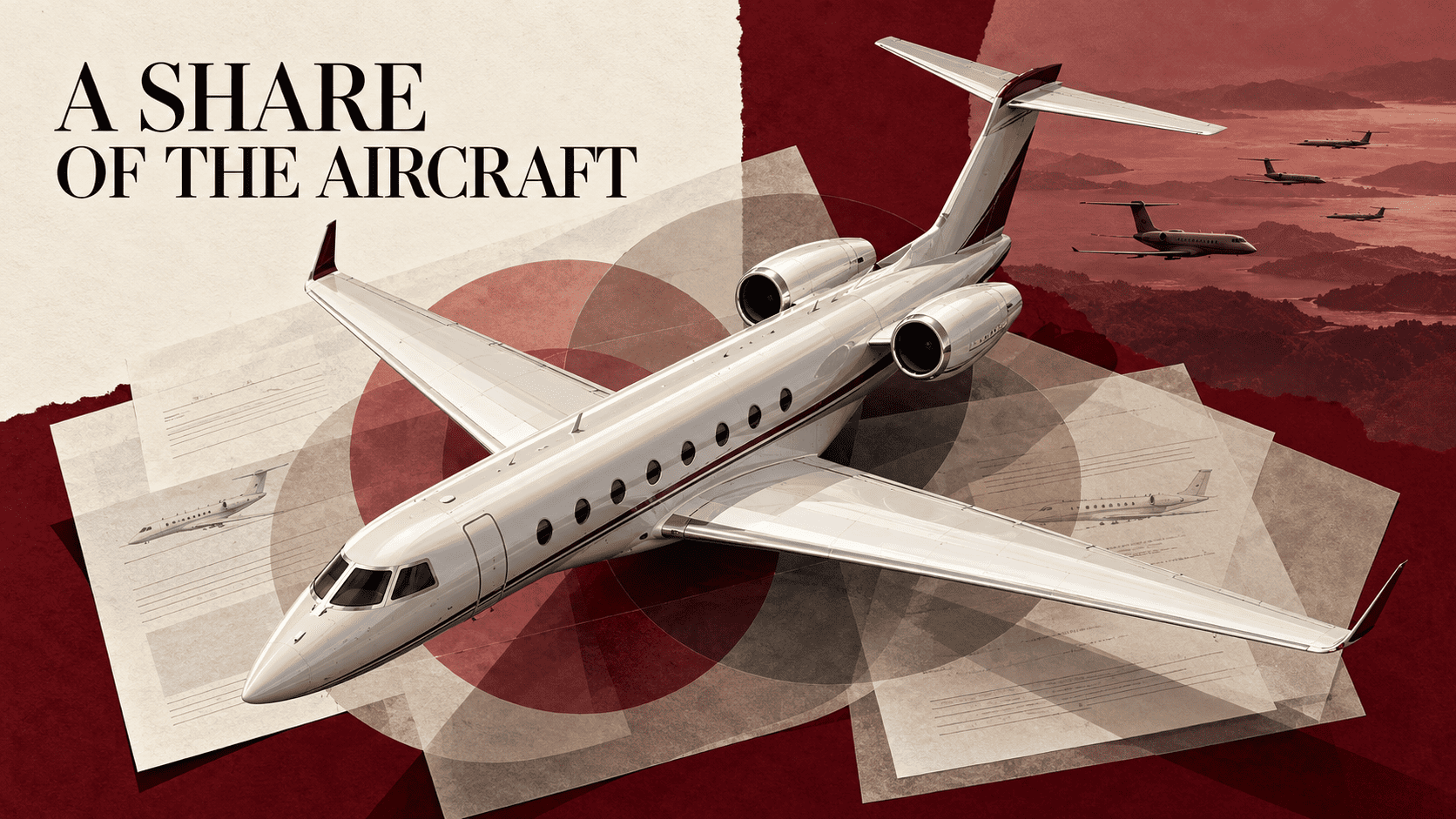 A complete business jet over layered ownership documents and translucent circles representing shared interests in one aircraft.