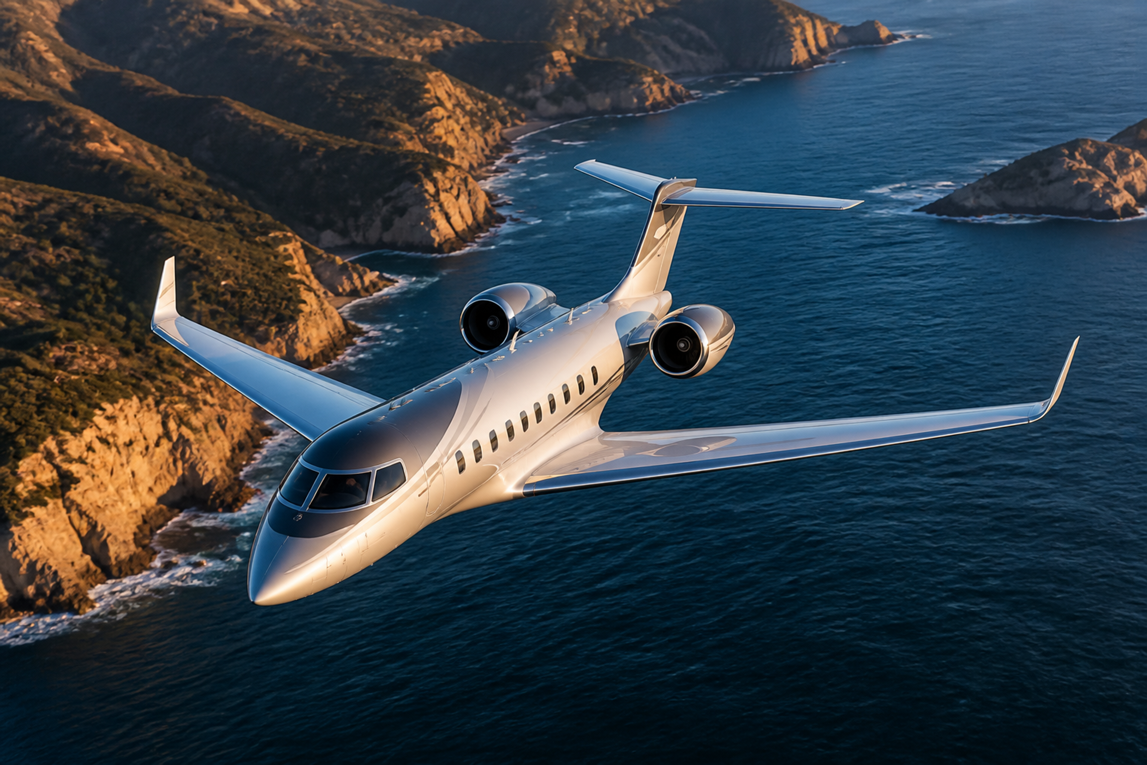Illustration of a twin-engine business jet flying above a rocky coastline