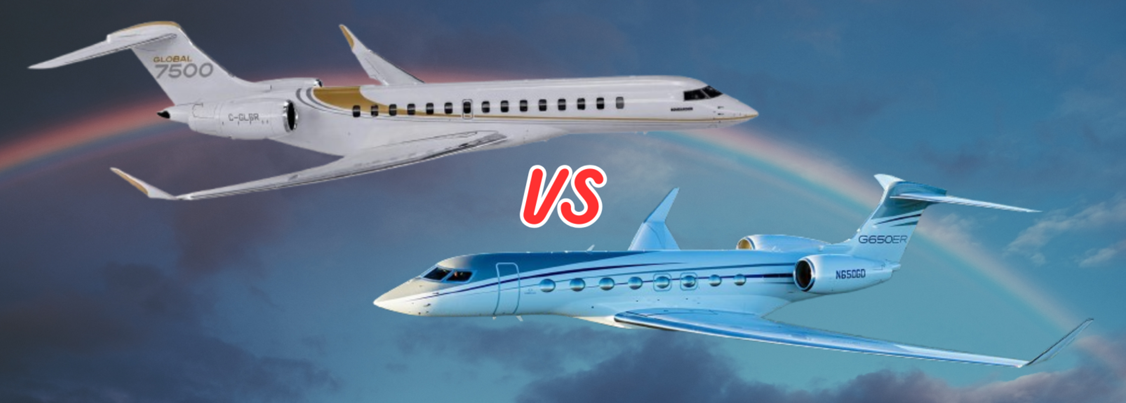 Comparison graphic with a white Bombardier Global 7500 above a light blue Gulfstream G650ER and “VS” between them.