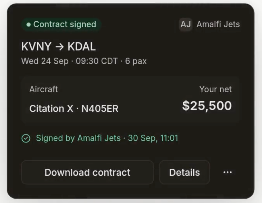LastLook Contract signed card recording Amalfi Jets as the signer and providing a Download contract action for the awarded trip.