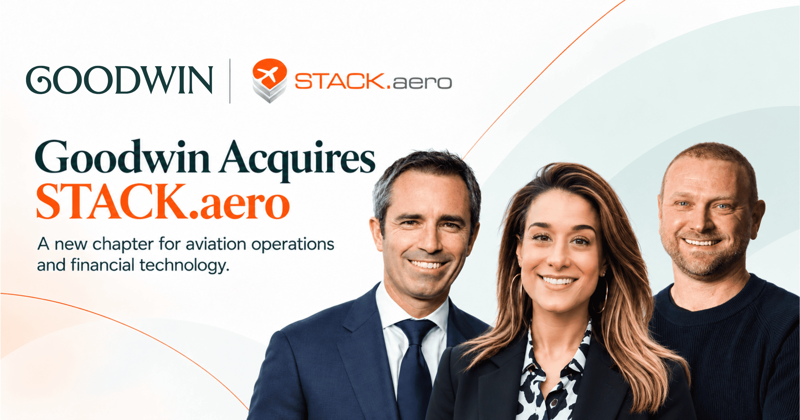 Goodwin and STACK.aero logos with three people in the official acquisition announcement graphic.