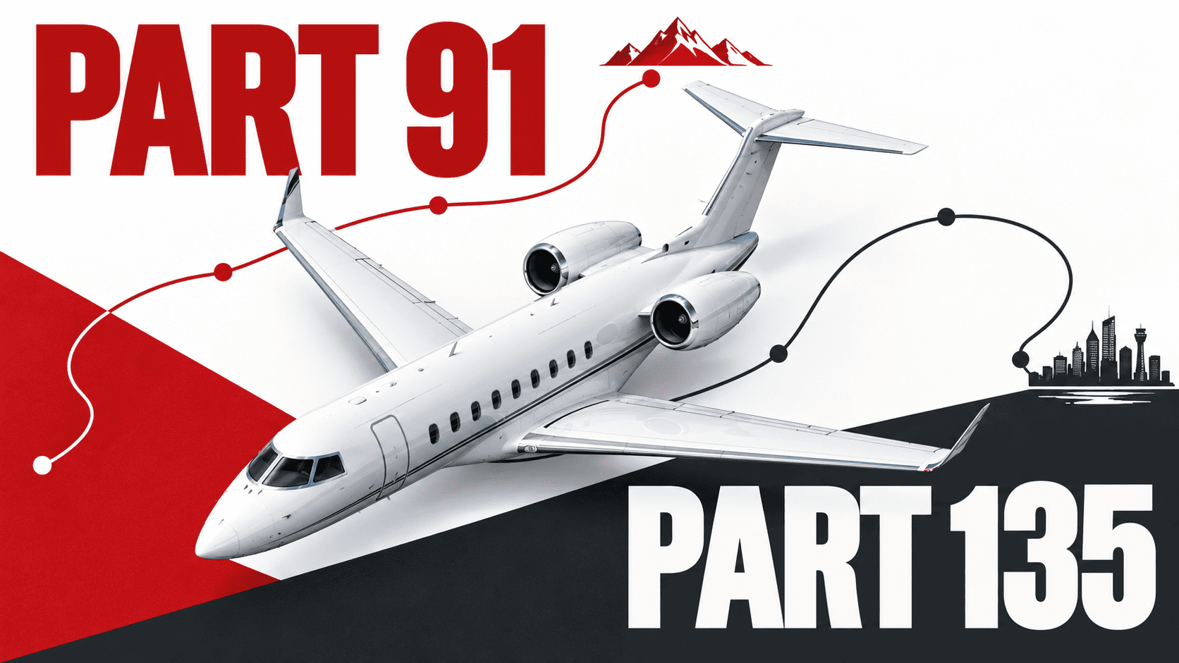 White business jet between bold Part 91 and Part 135 labels with red and black route lines.
