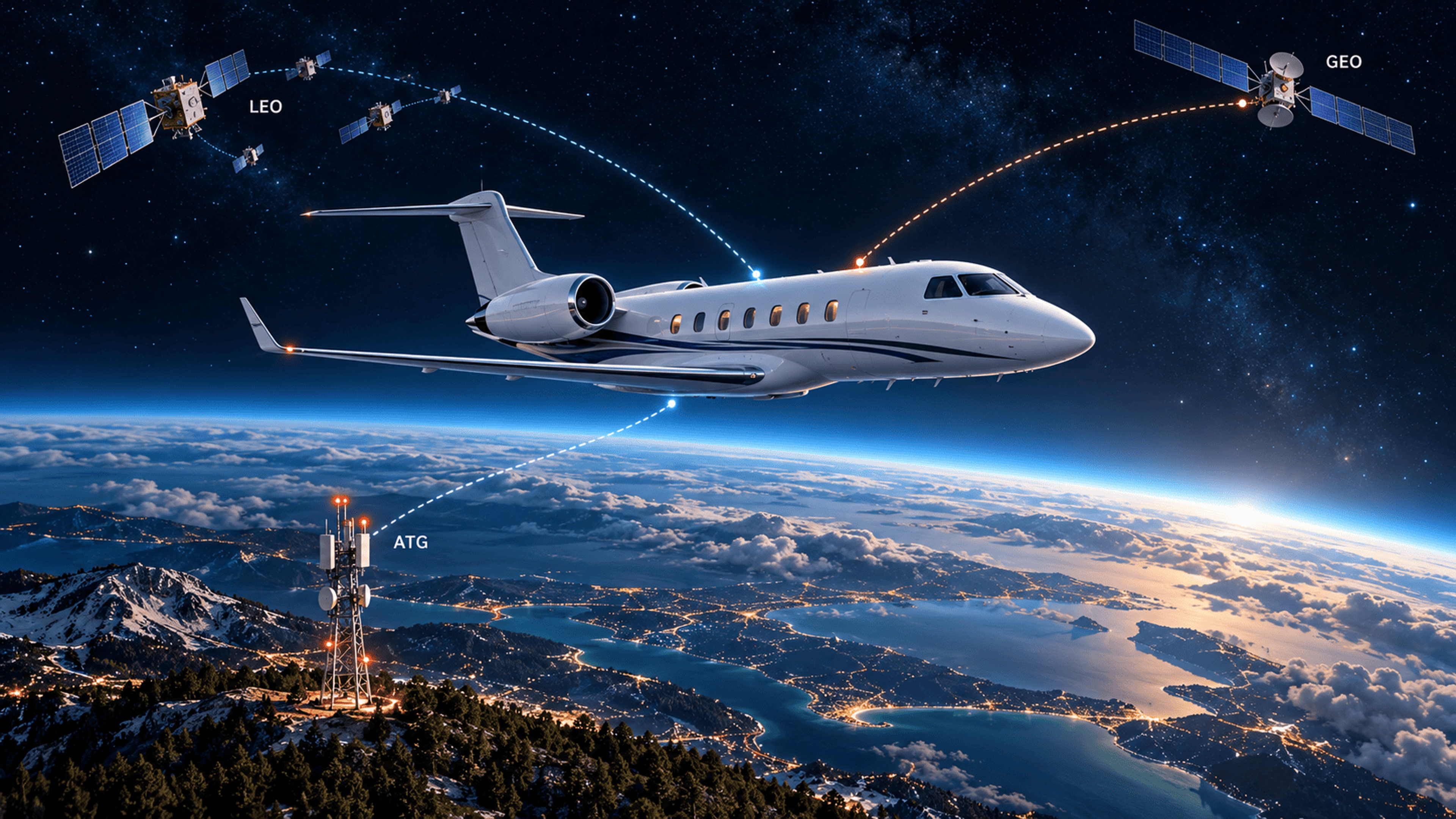 Concept illustration of a business jet linked to LEO satellites, a GEO satellite and an air-to-ground tower.
