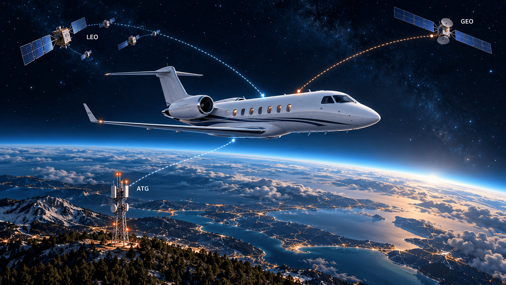 Concept illustration of a business jet linked to LEO satellites, a GEO satellite and an air-to-ground tower.