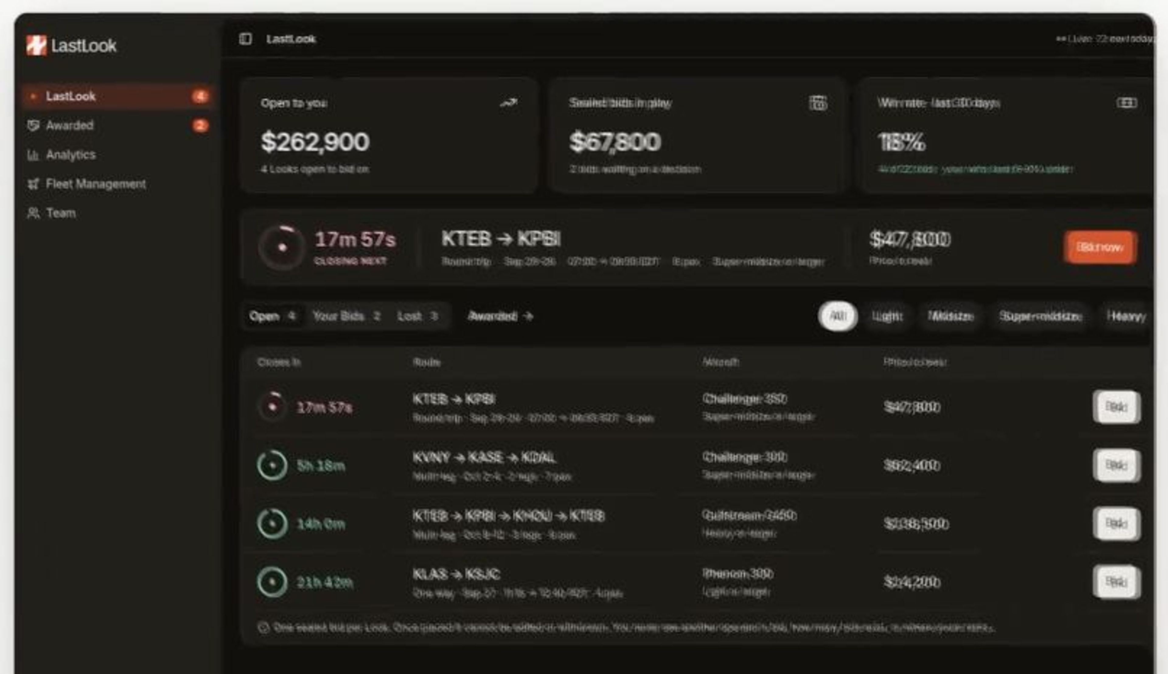 LastLook operator dashboard showing opportunity tabs, aircraft-category filters, bidding countdowns, a closing-next panel and navigation to Awarded, Analytics, Fleet Management and Team.