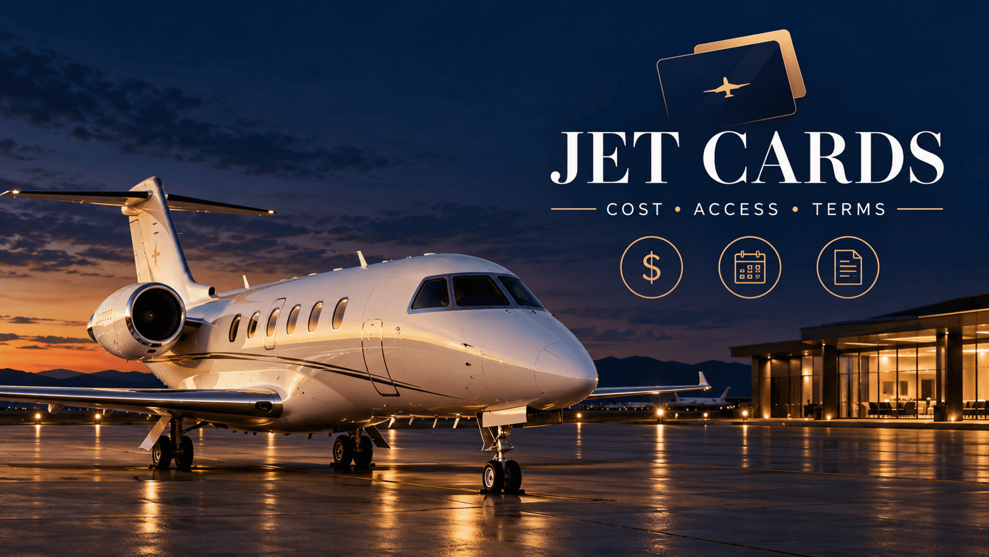 A white business jet on a private-airport apron at dusk beside navy and gold Jet Cards graphics with cost, calendar and contract icons.