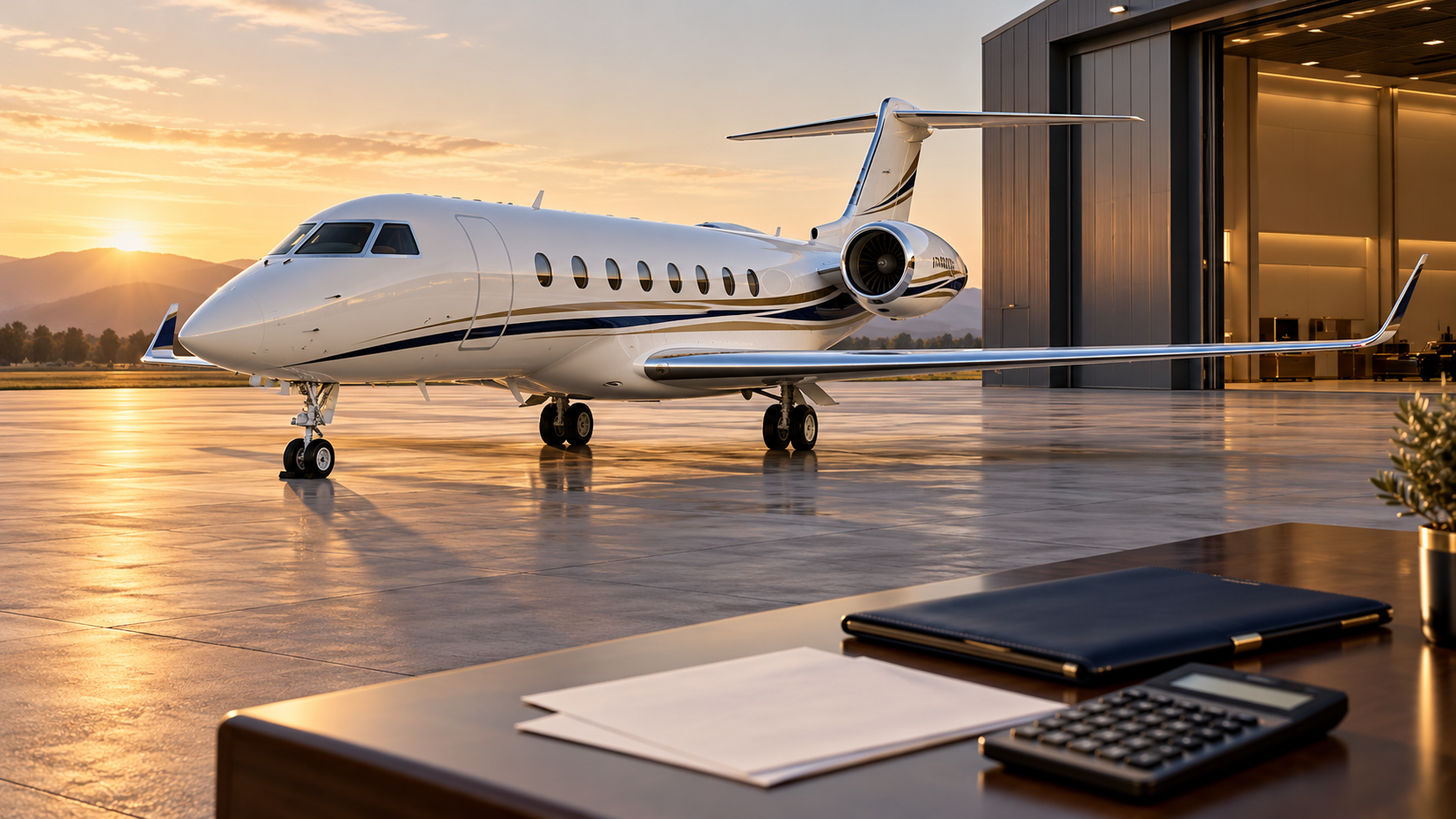 White business jet parked outside a hangar at sunrise, with a calculator and financial folder in the foreground.
