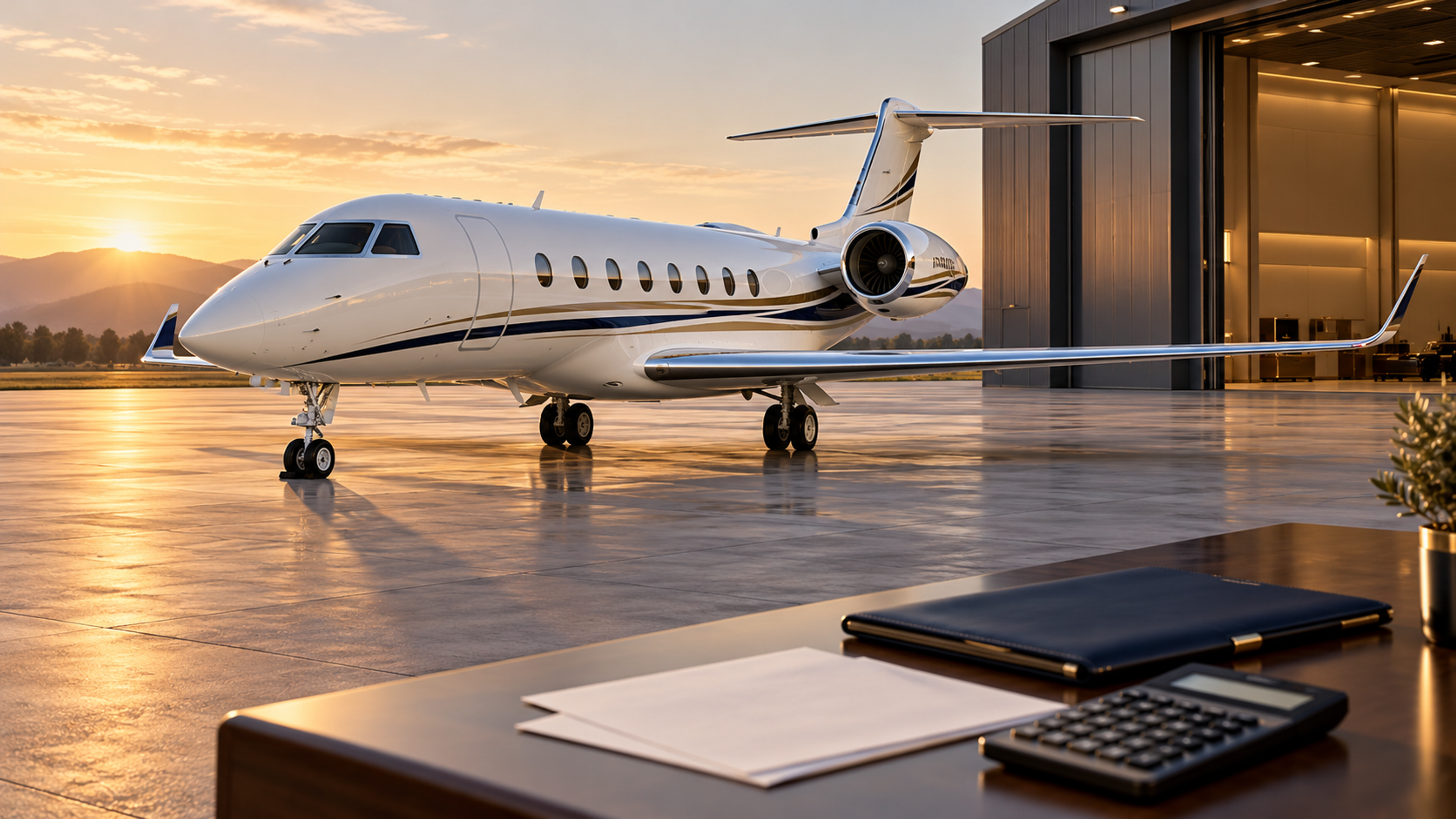 White business jet parked outside a hangar at sunrise, with a calculator and financial folder in the foreground.