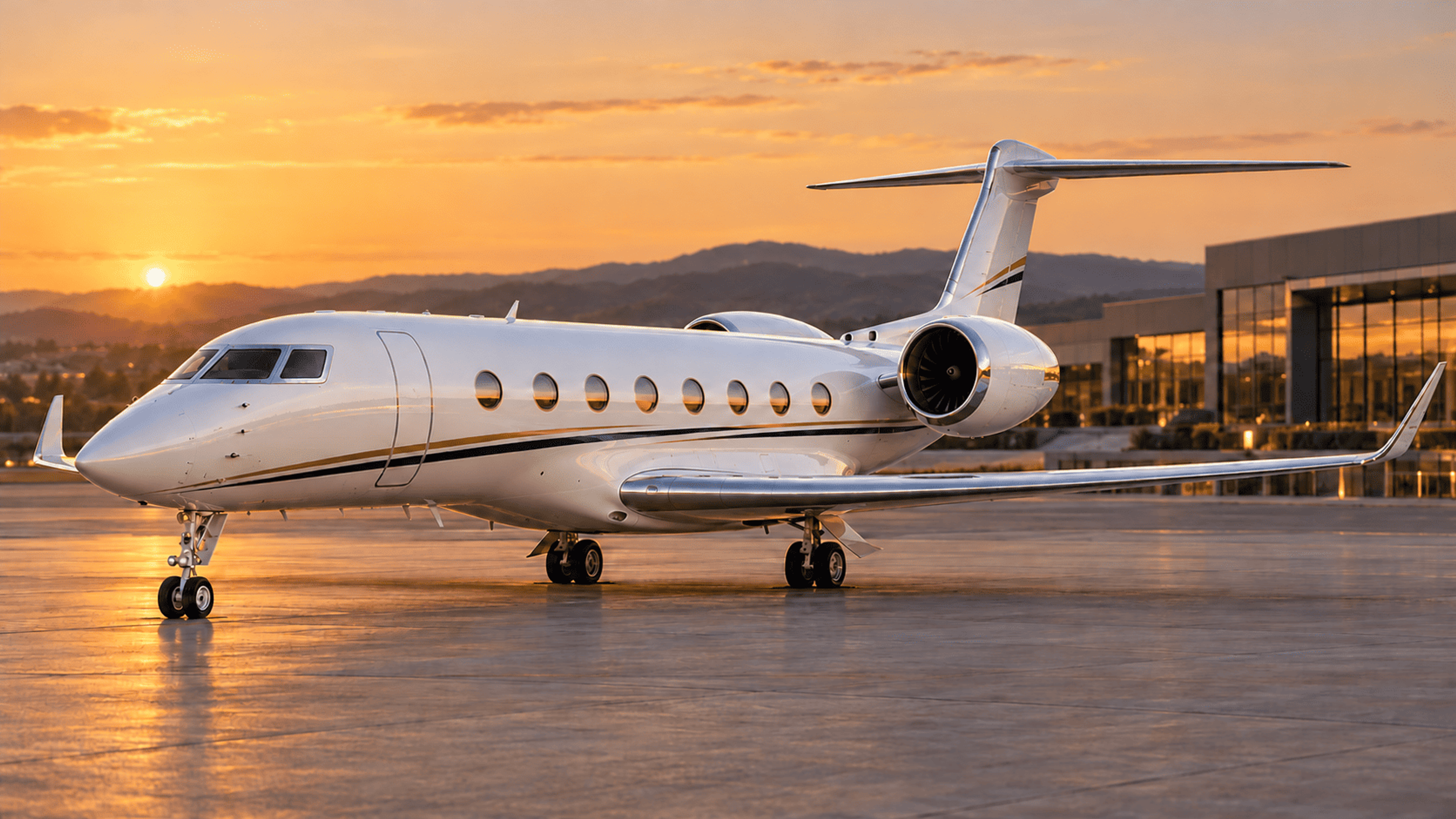White Gulfstream G650ER with navy and gold accents parked beside a private aviation terminal at sunset.