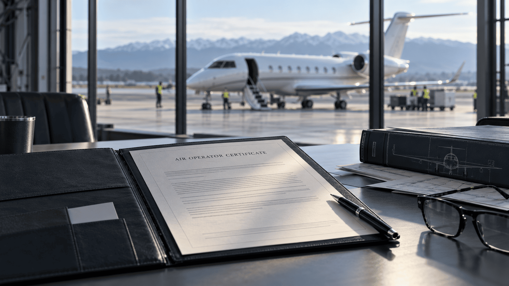 An illustrative Air Operator Certificate on an operations desk, with a business jet visible outside the hangar.