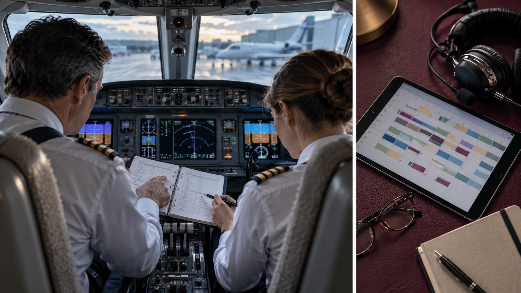 Two pilots review a cockpit checklist alongside a separate view of a crew roster, headset and notebook.