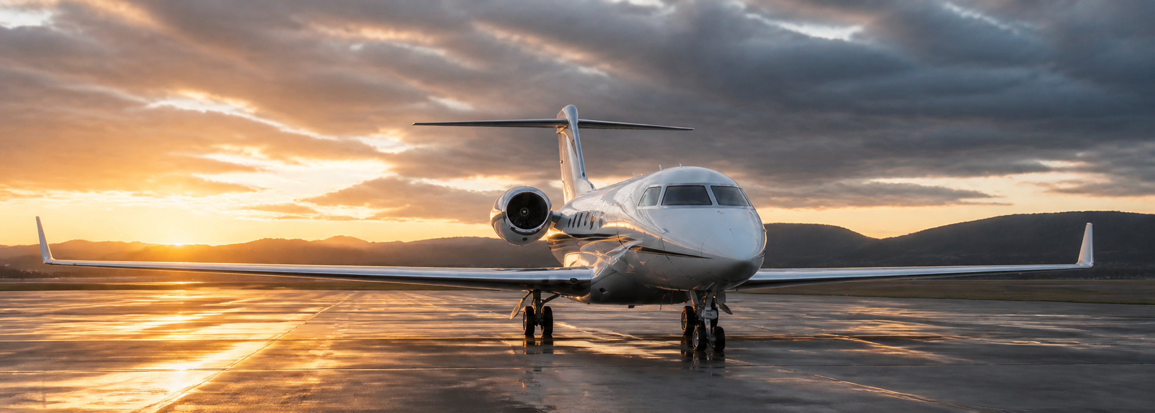 Illustration of a business jet parked on a wet apron at sunset