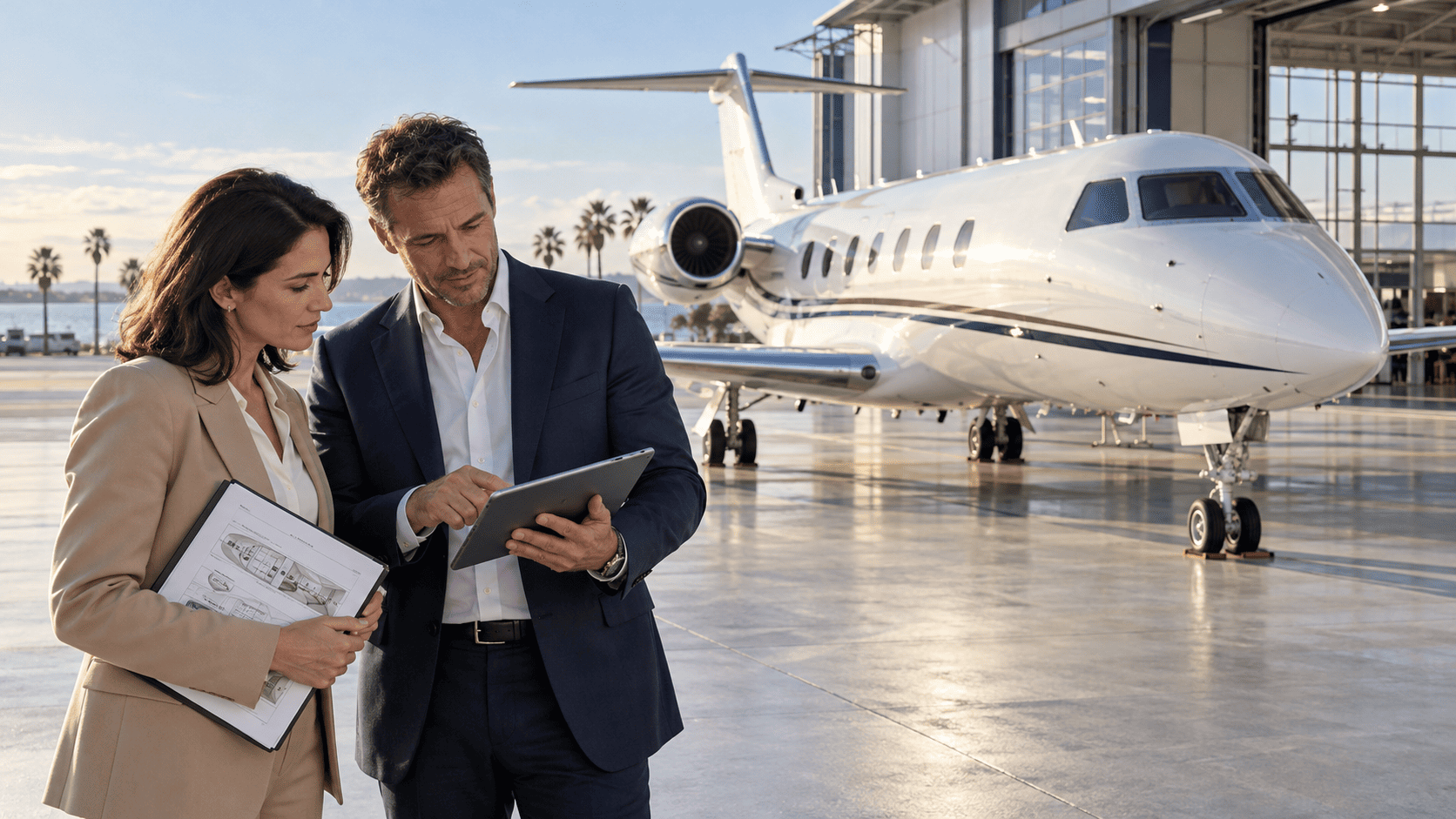 Two aviation professionals reviewing a tablet and aircraft cabin plans beside a white business jet and hangar.
