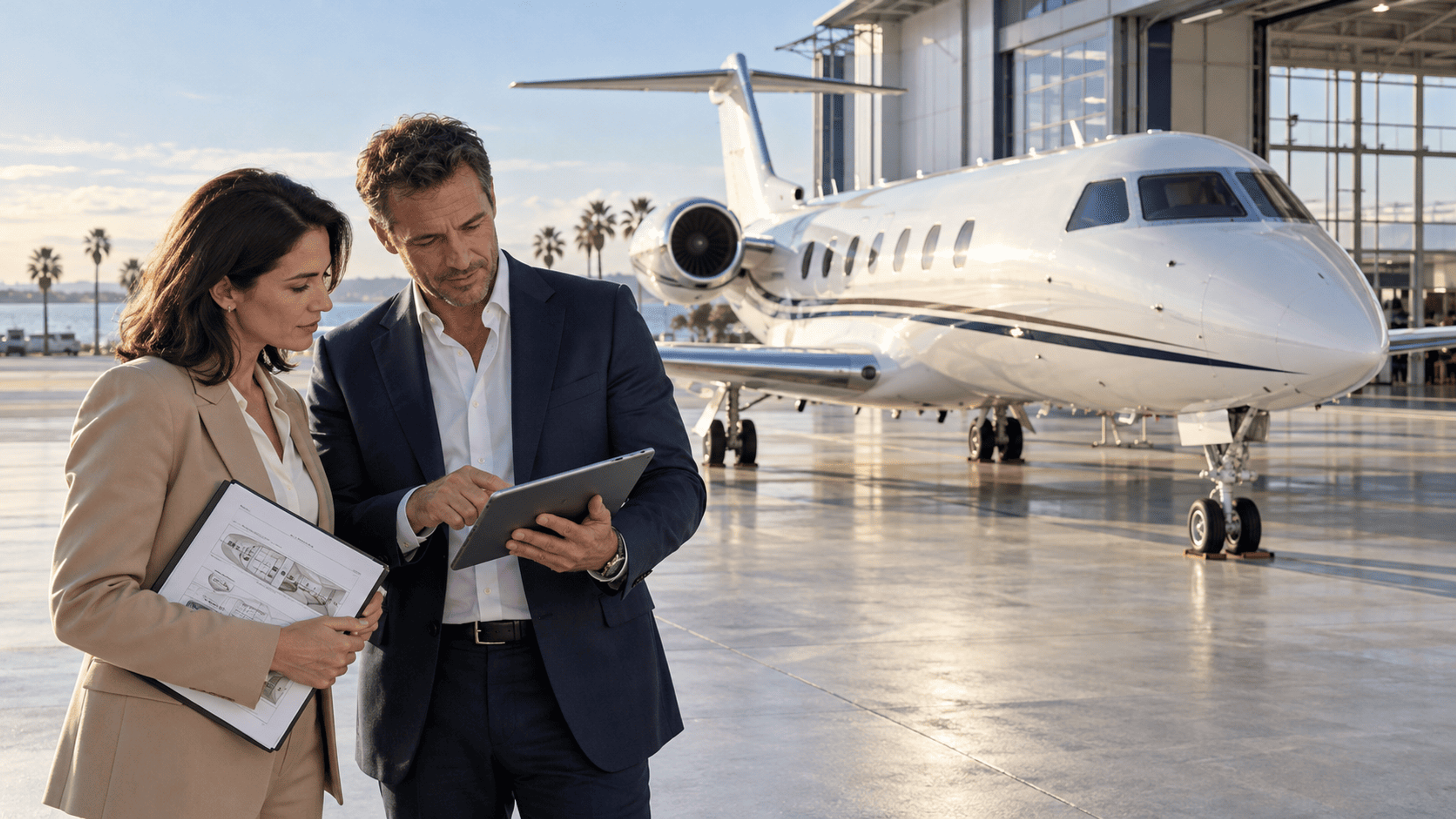 Two aviation professionals reviewing a tablet and aircraft cabin plans beside a white business jet and hangar.