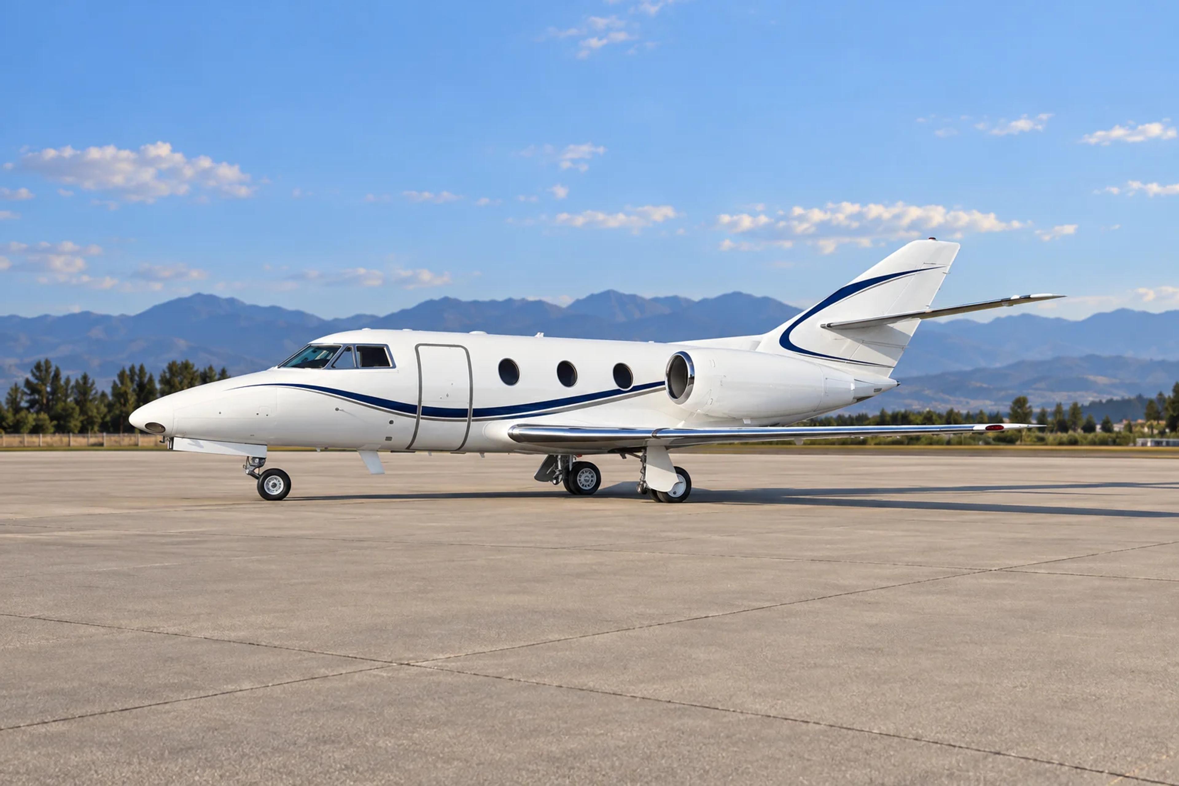 Dassault Falcon 100; AI-edited livery and background.