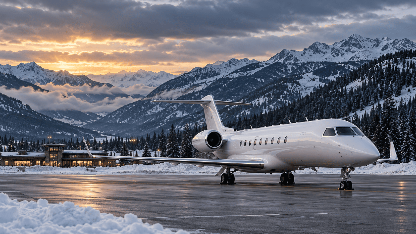 A white business jet parked on a cleared mountain-airport apron beneath snowy peaks and a layered winter sky.