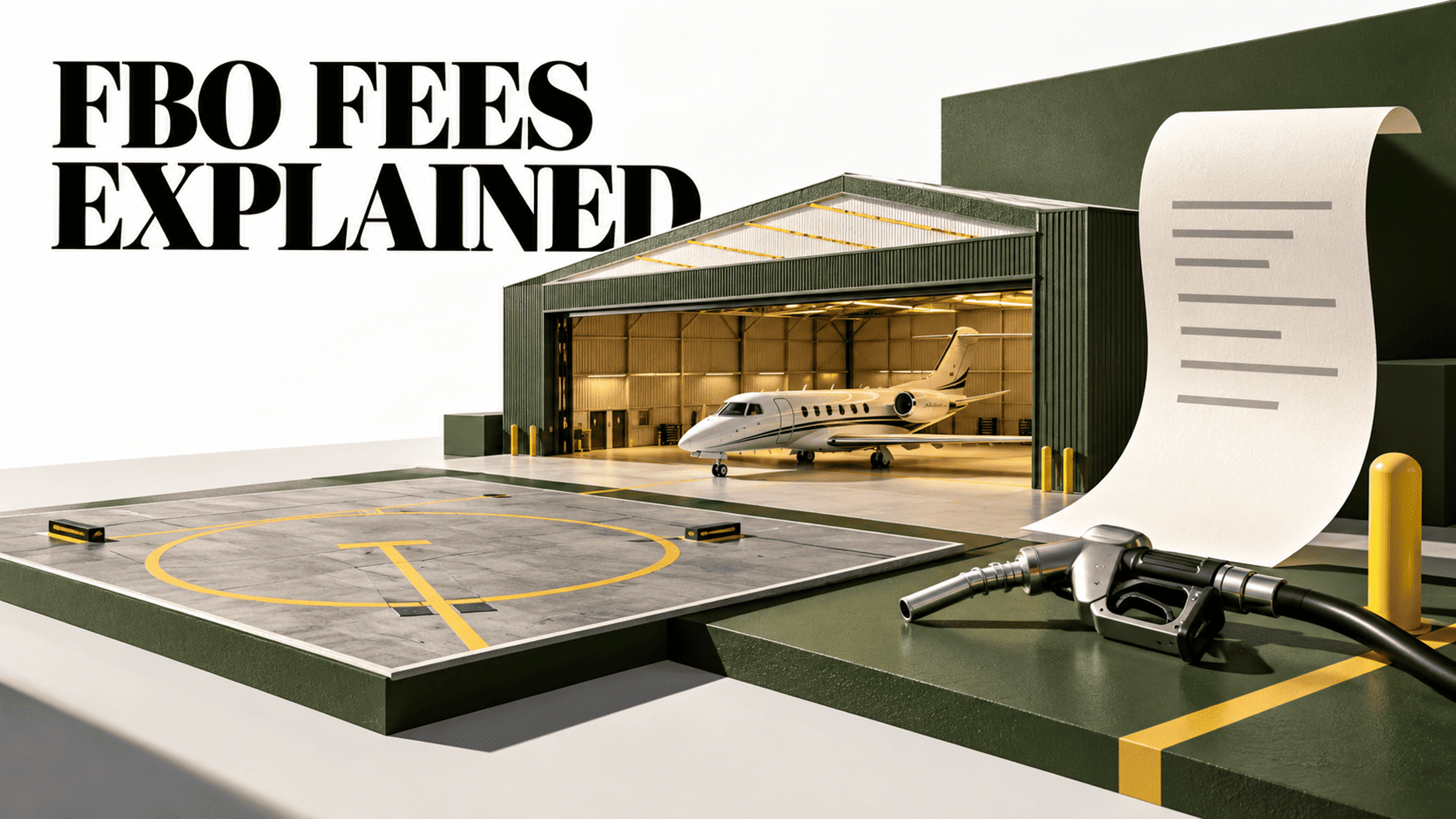 Miniature jet hangar, marked parking stand, fuel nozzle and abstract receipt beneath the title FBO Fees Explained.
