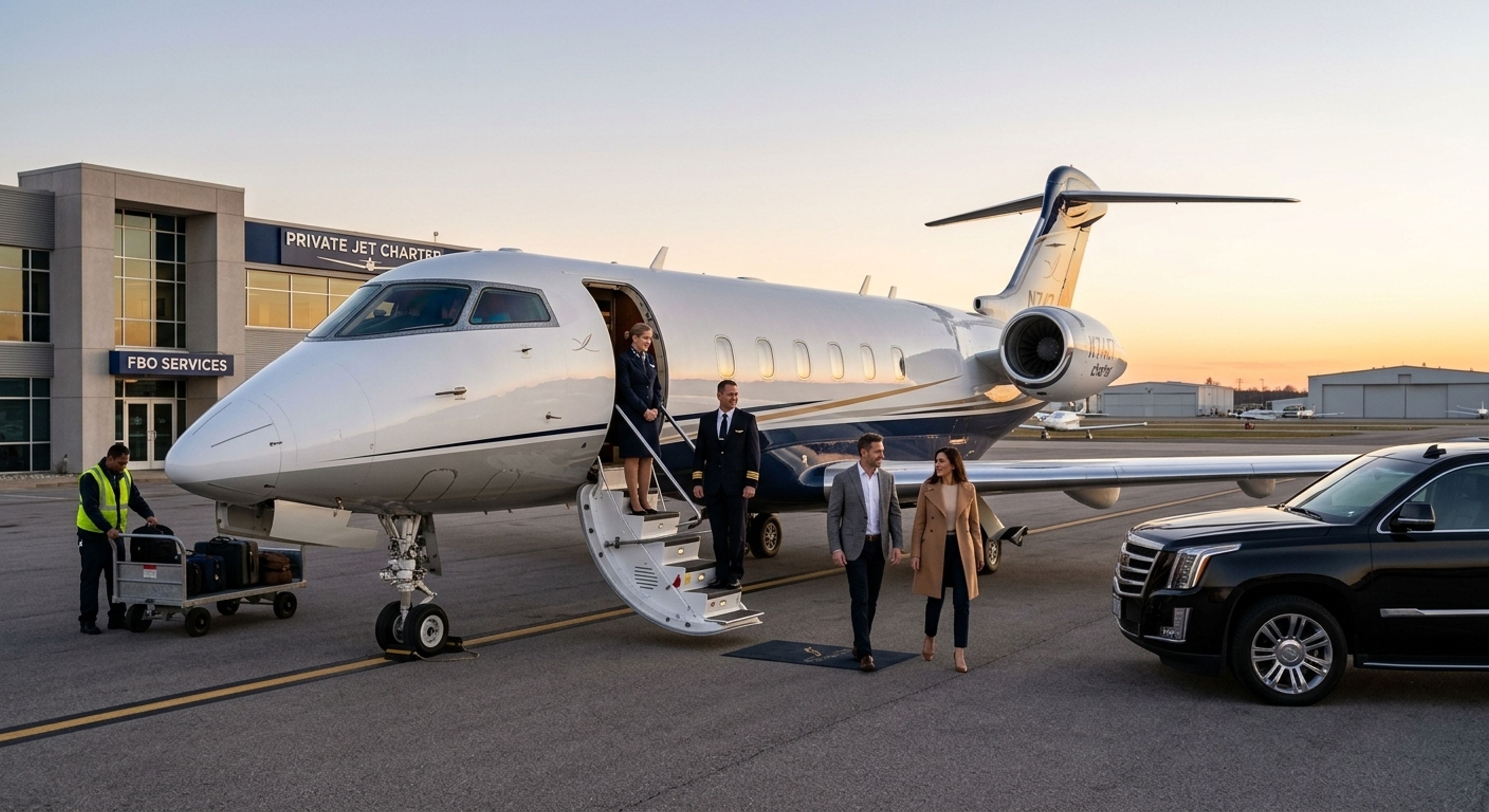 A well-dressed man and woman walk across an airport tarmac away from a white and dark blue private jet towards a waiting black luxury SUV at sunset. A pilot and flight attendant stand near the aircraft's deployed stairs, while a ground crew member handles a luggage cart on the left. A building with "PRIVATE JET CHARTER" and "FBO SERVICES" signage is visible in the background.