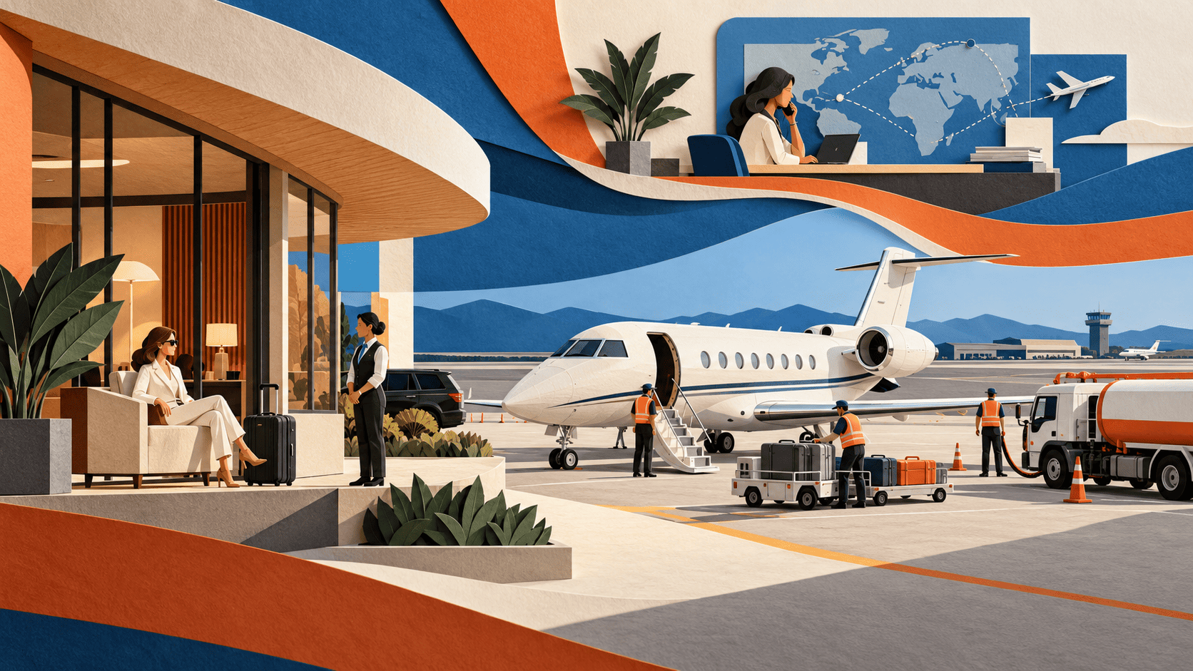 Layered paper illustration of an FBO lounge, ground crew servicing a private jet and a coordinator planning an international trip.