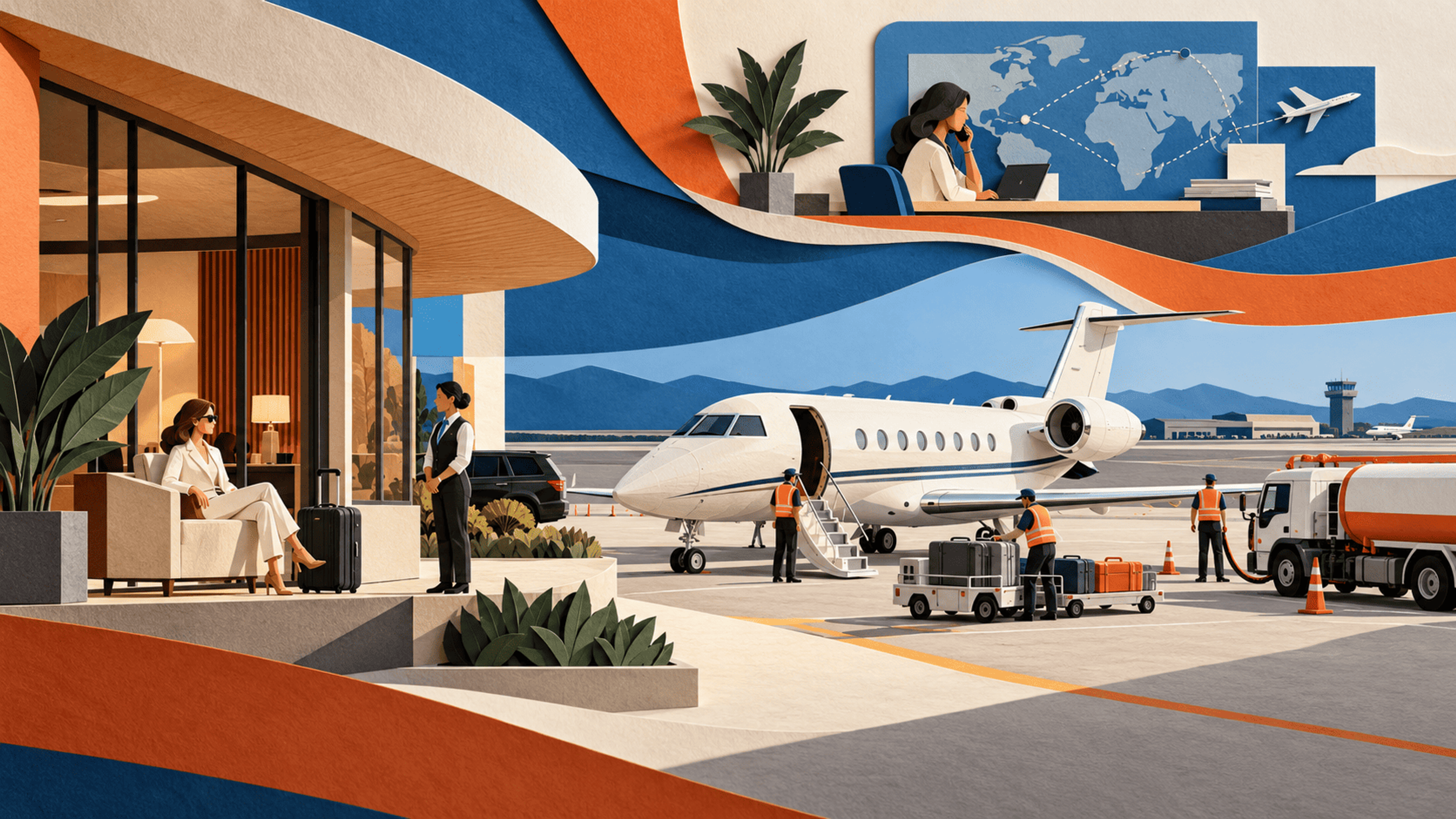 Layered paper illustration of an FBO lounge, ground crew servicing a private jet and a coordinator planning an international trip.