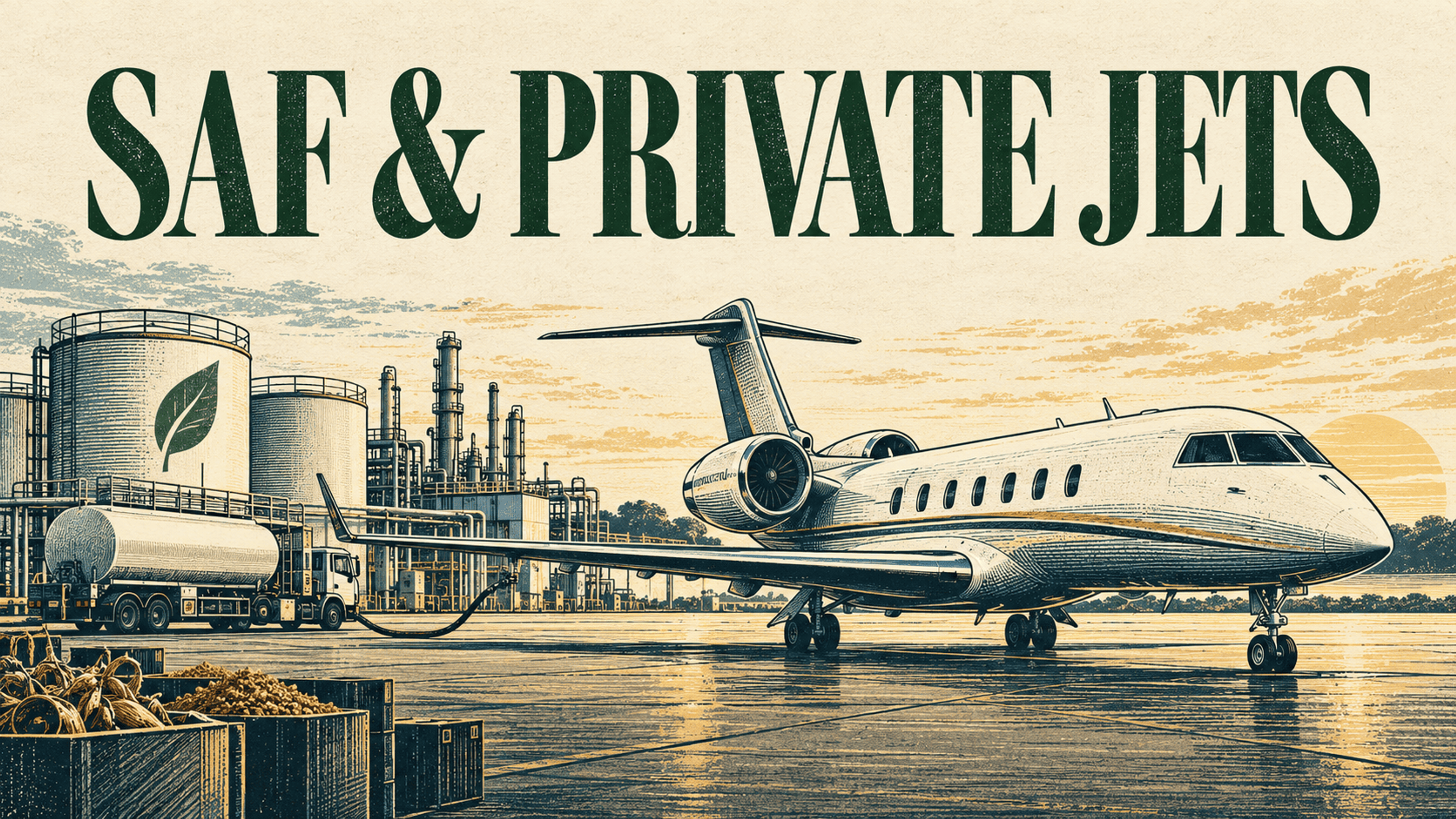Linocut editorial illustration of a business jet, fuel storage tanks, a refinery and a refueling bowser beneath the headline SAF & Private Jets.