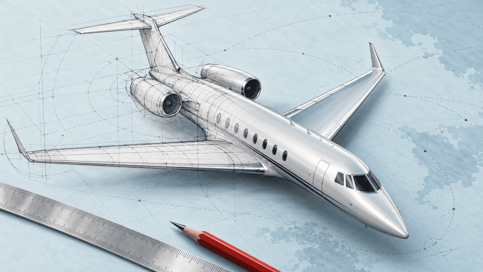A business jet transitions from a precise pencil drawing into a finished aircraft on pale blue drafting paper, beside a ruler.