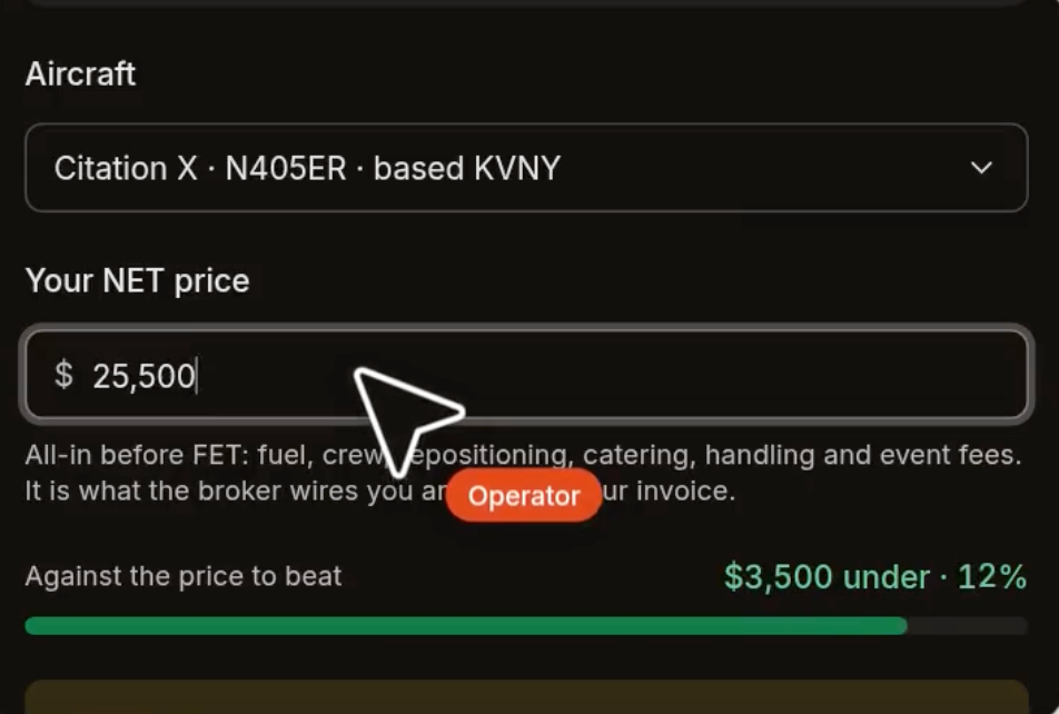 LastLook NET-price field and cost definition, specifying fuel, crew, repositioning, catering, handling and event fees before FET.