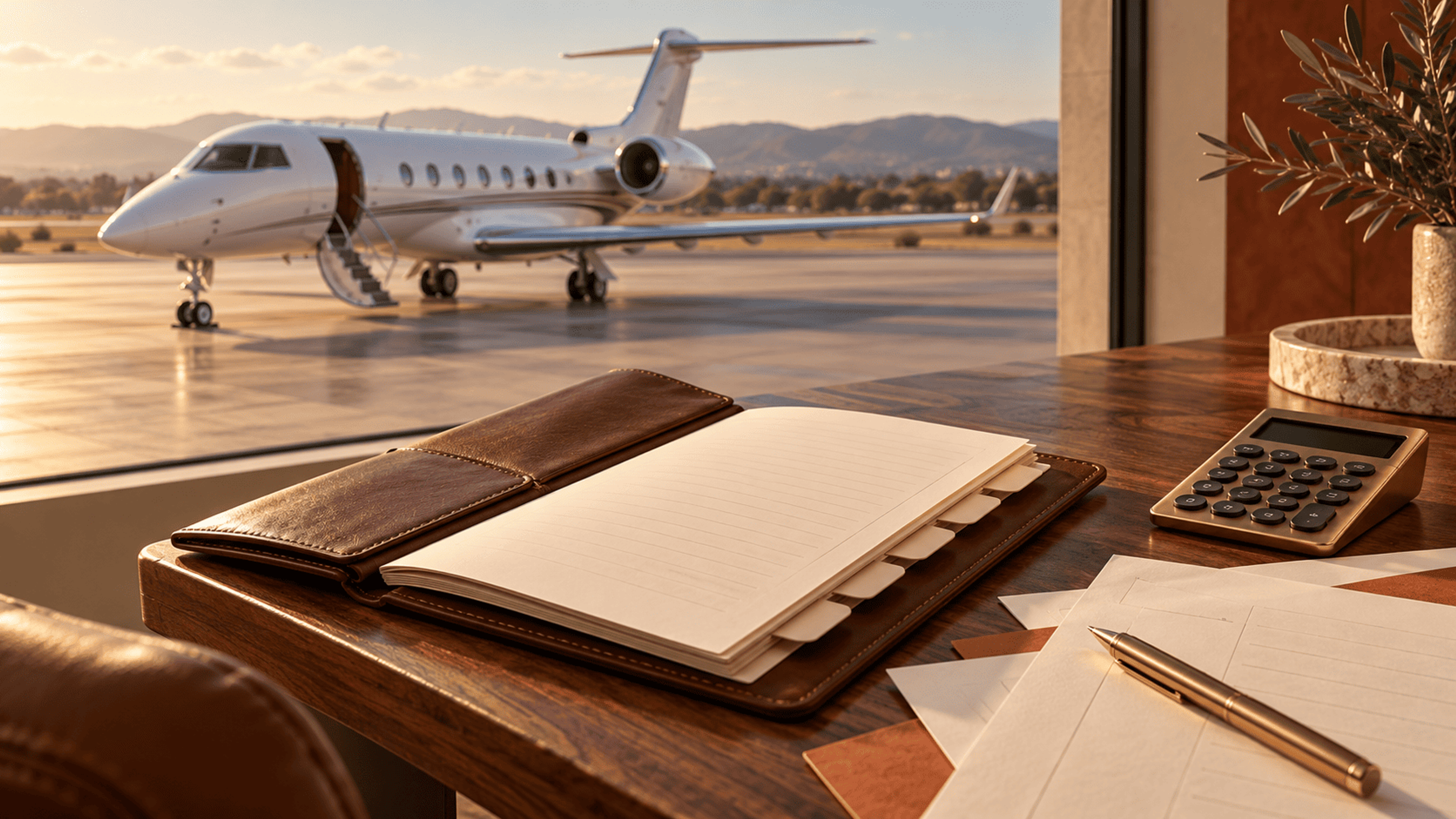 Illustration of a planning folio, calculator and pen on a walnut desk, with a white business jet outside.