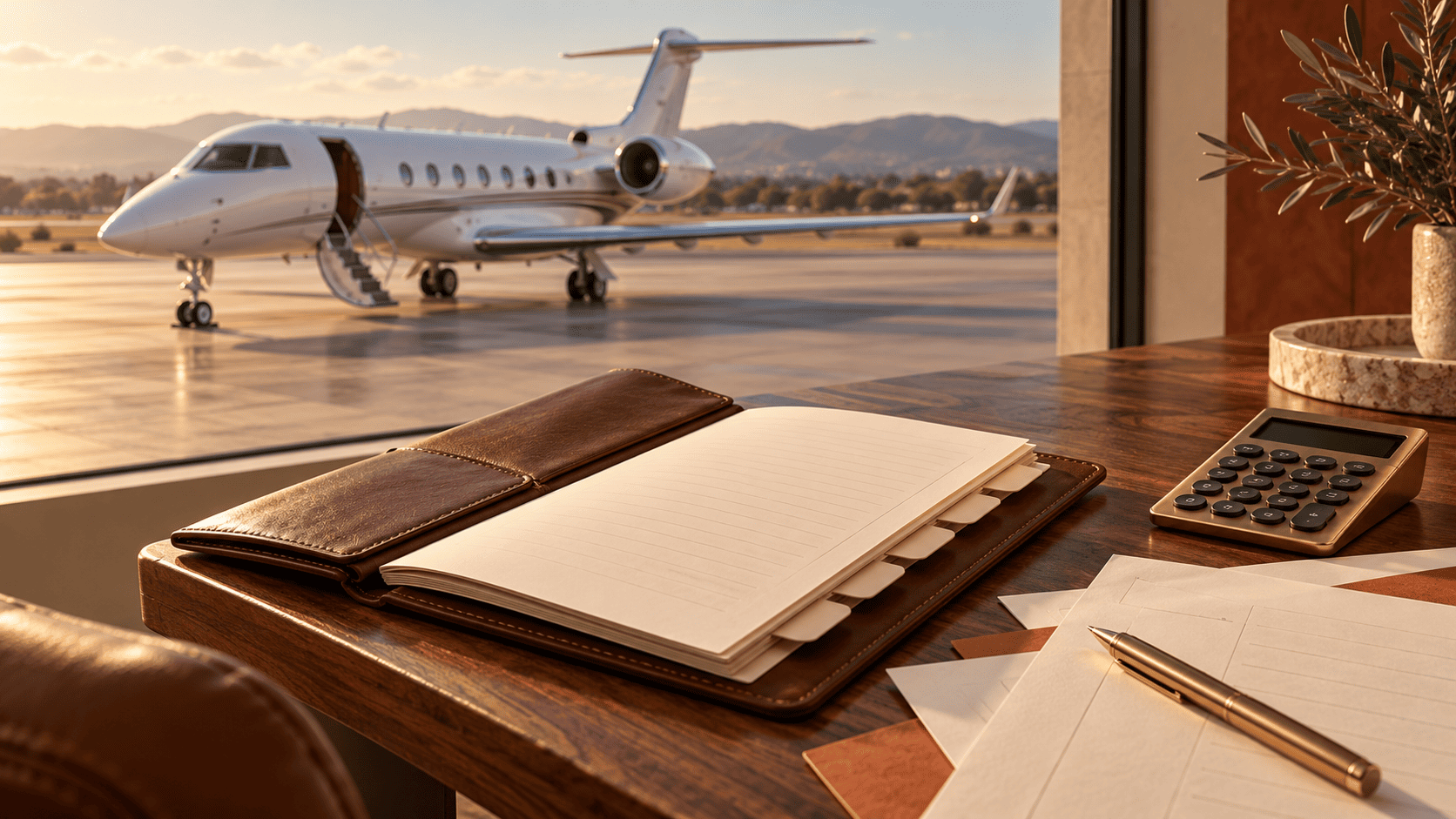 Illustration of a planning folio, calculator and pen on a walnut desk, with a white business jet outside.