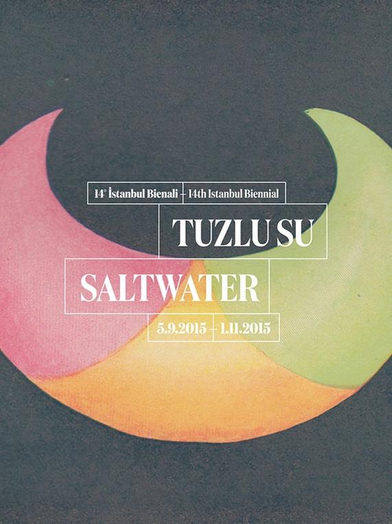 Poster of the 14th Istanbul Biennial. On a anthrazit background a lying half moon coloured in three parts: the left "horn in pink, a triangle in the middle in yellow and the right "horn" in light green.