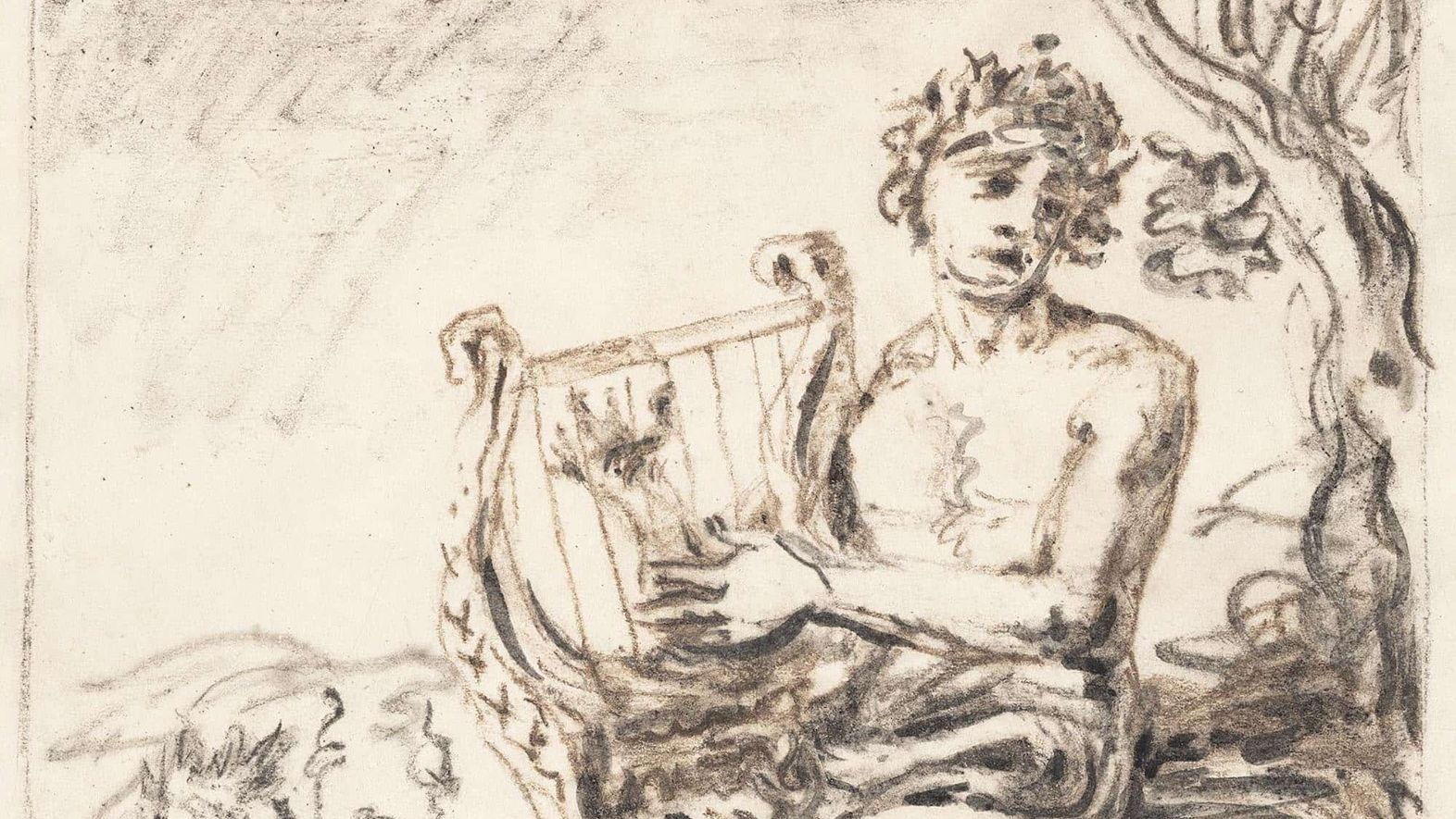 Charcoal sketch on paper by De Chirico of Orpheus playing the lyra, sitting by a tree.