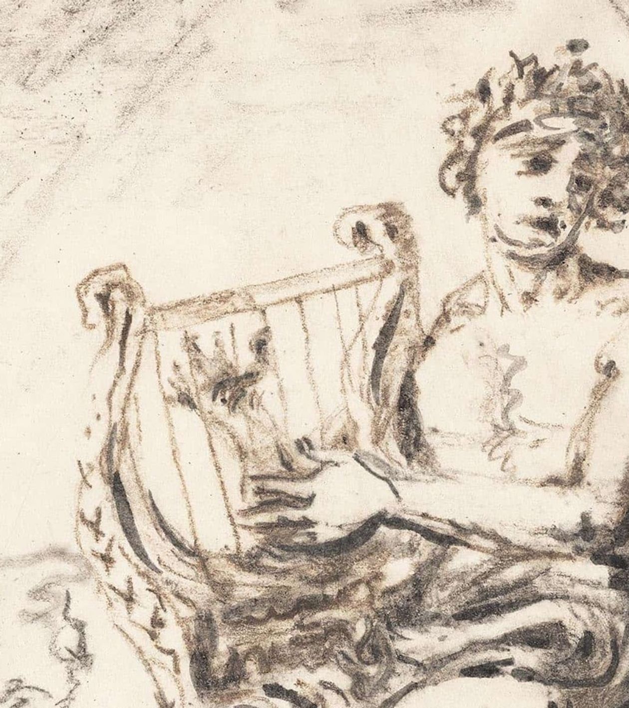 Charcoal sketch on paper by De Chirico of Orpheus playing the lyra, sitting by a tree.