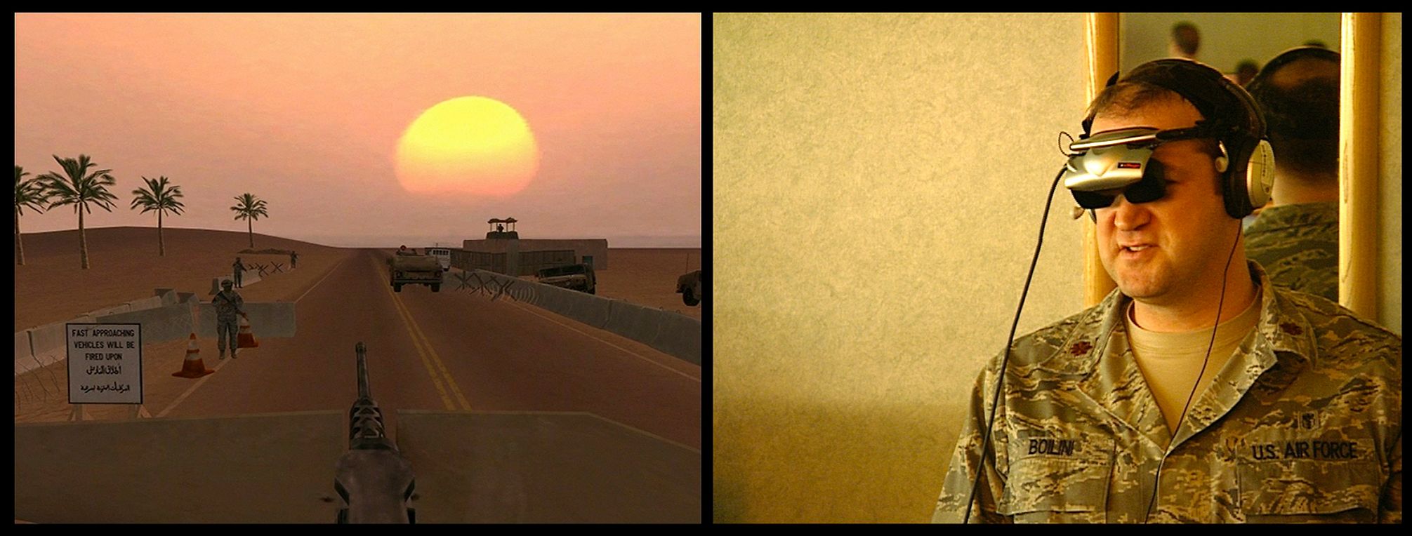 A two-channel video still. The left part features a computer-simulation of a road in a dessert with military vehicles. The other half part shows a young man in military uniform wearing a virtual reality headset.