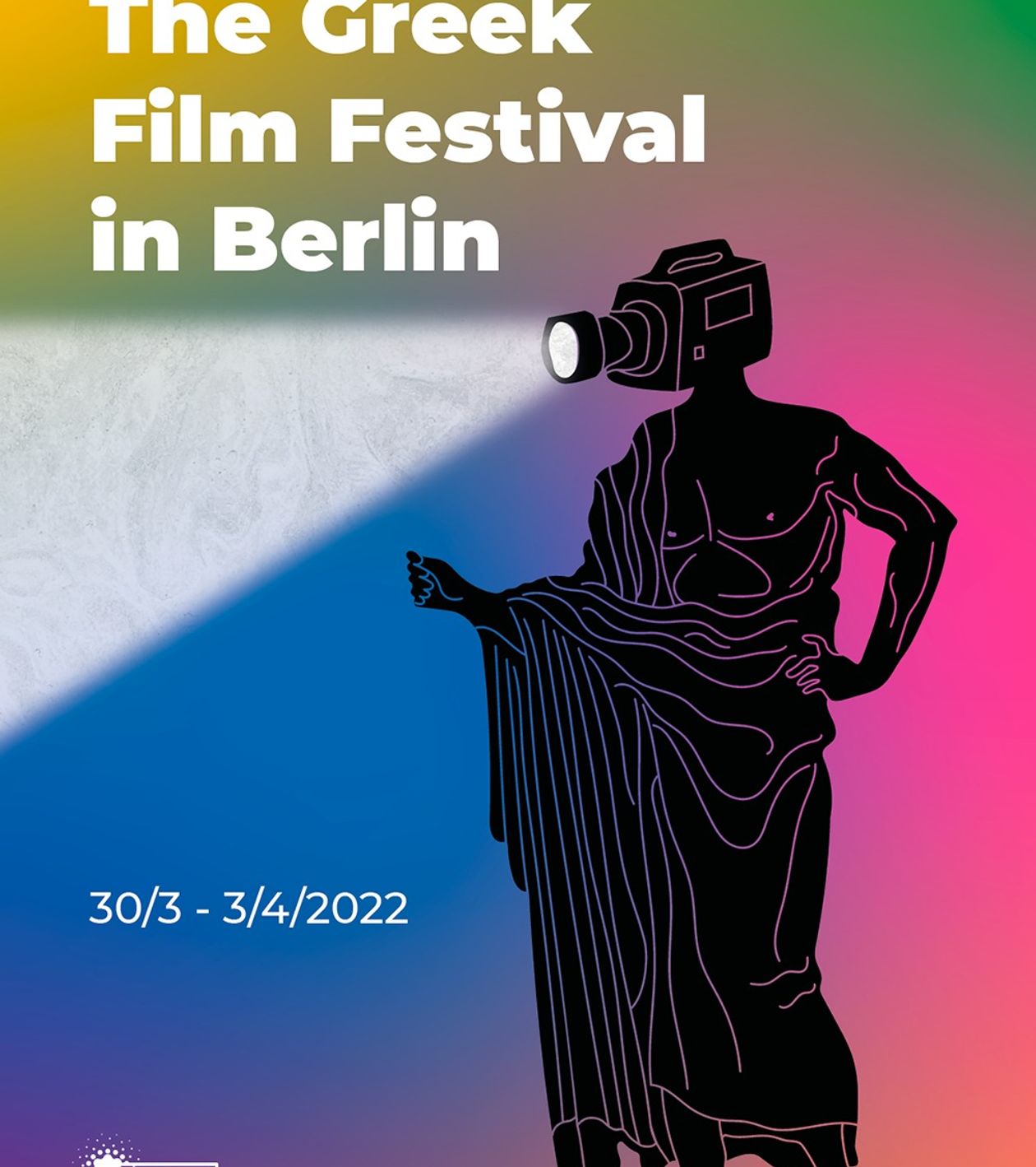 A rainbow coloured poster featuring a male ancient greek feagure in a tunic garment and a head of digital camera emitting a beam of light.