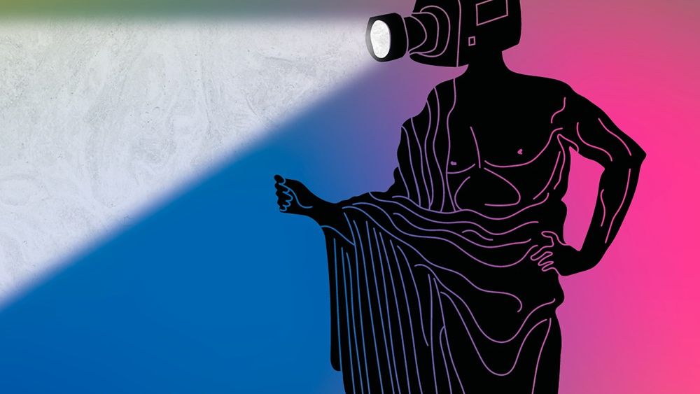 A rainbow coloured poster featuring a male ancient greek feagure in a tunic garment and a head of digital camera emitting a beam of light.