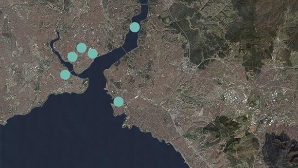 A satellite image of the Bosphorus with mint green dots at various locations. On the offshore islands, around Istanbul, along the canal and on both sides of the end of the canal.