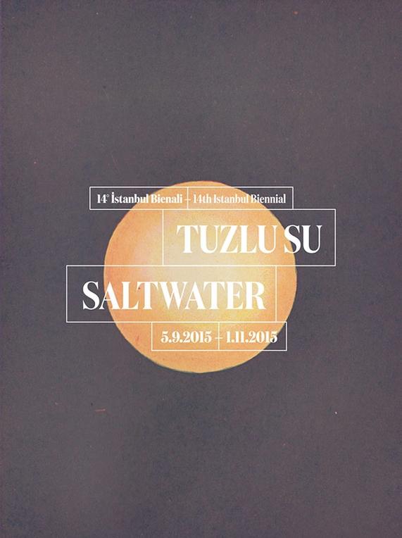 Poster of the 14th Istanbul Biennial. On a anthrazit background a full moon in warm yellow watercolors