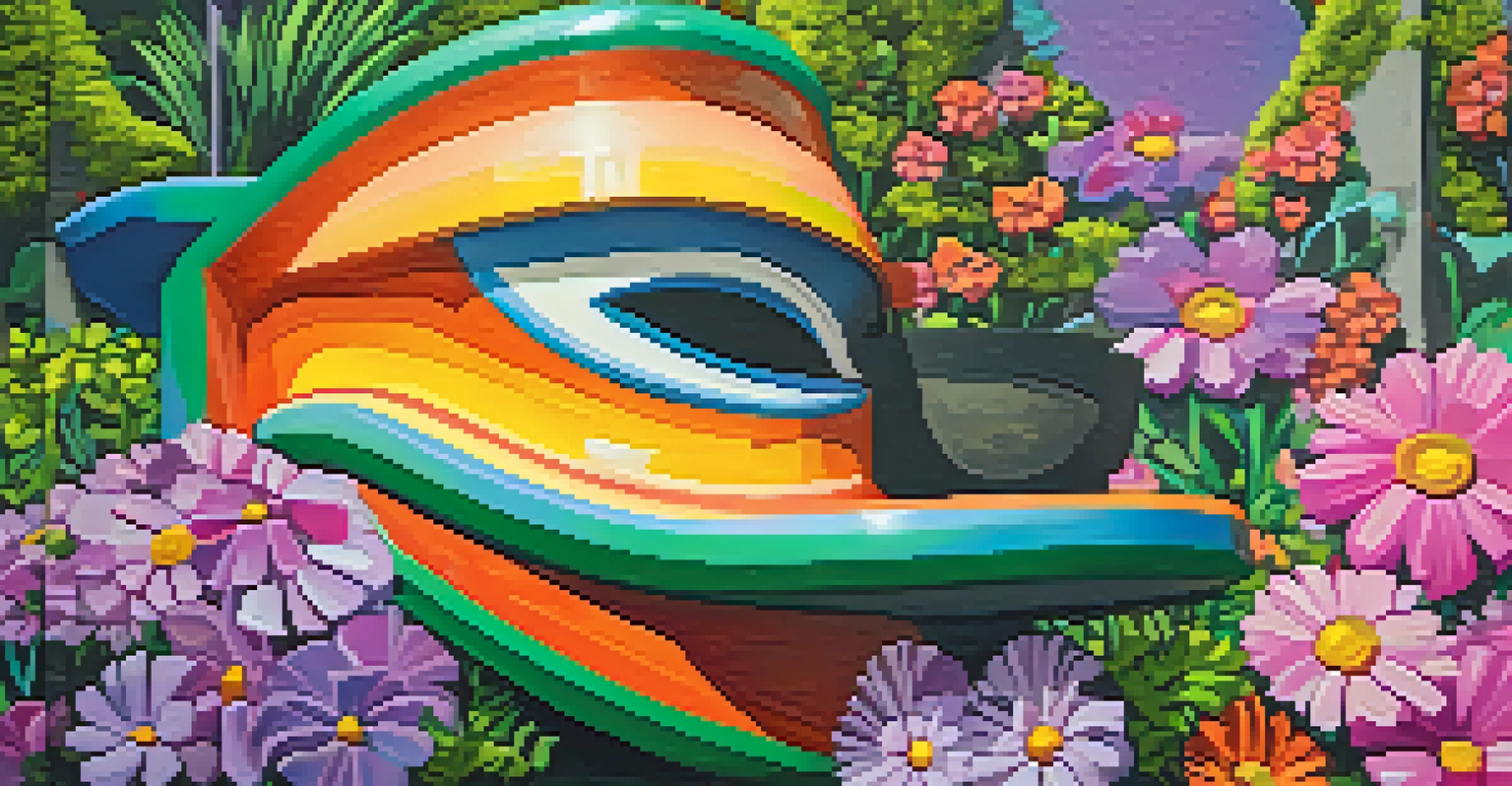 A close-up of a colorful sculpture at Gas Works Park, surrounded by flowers and greenery, showcasing the blend of art and history.