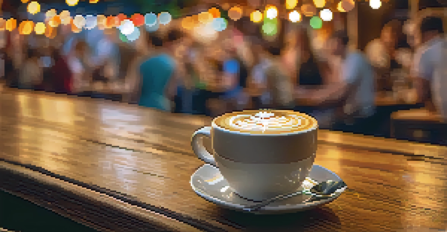 A close-up of a latte with latte art on a wooden table at a coffee festival, with blurred people enjoying their drinks in the background.