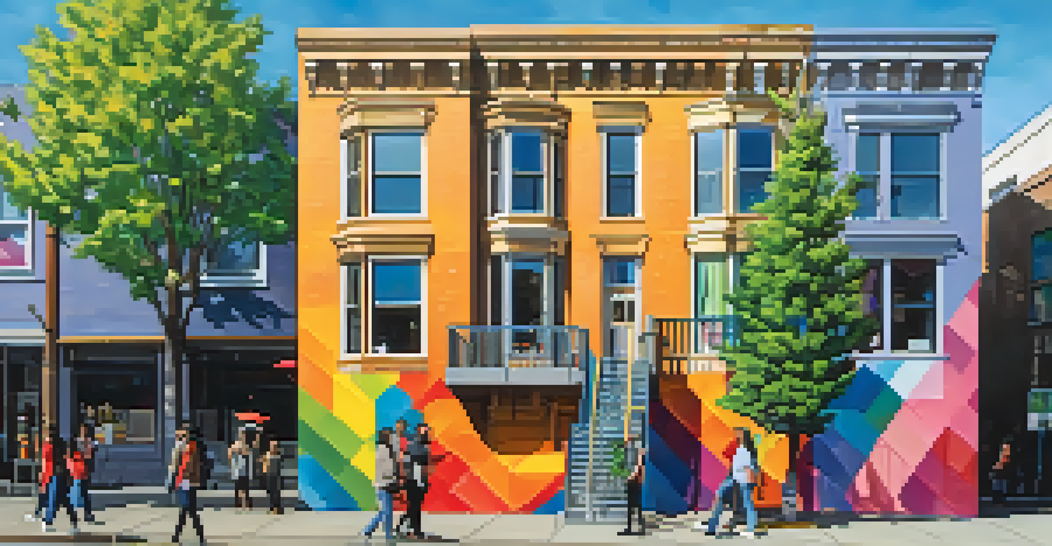 A colorful public art mural in Capitol Hill, Seattle, celebrating the LGBTQ+ community with people admiring it.
