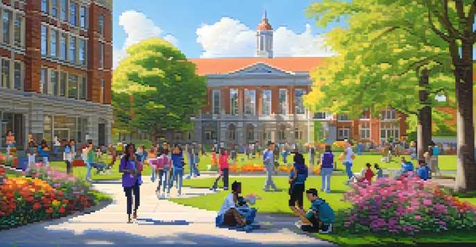 A diverse group of university students laughing together on campus, with university buildings and greenery in the background.