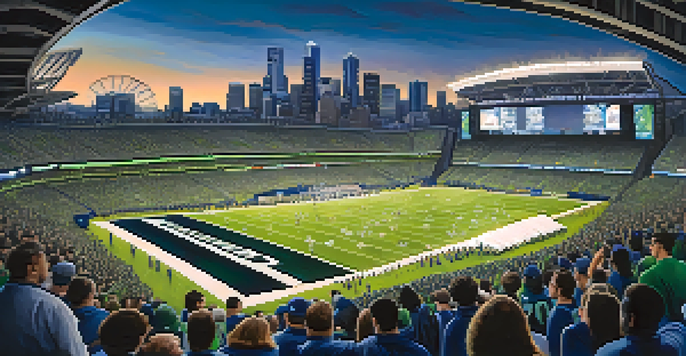 Fans in blue and green gear cheer at Lumen Field during a Seahawks game under bright lights, with the Seattle skyline in the background.