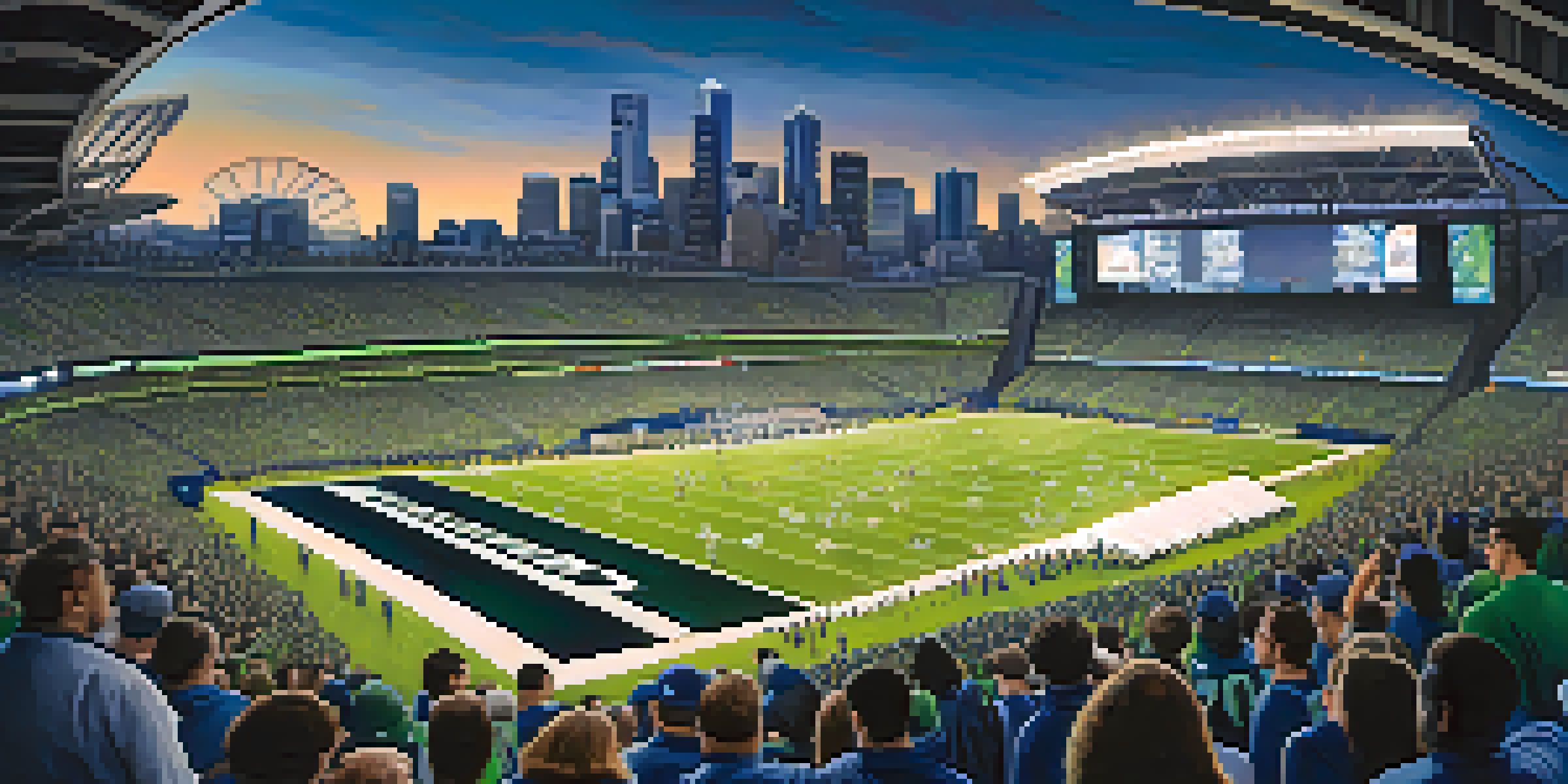 Fans in blue and green gear cheer at Lumen Field during a Seahawks game under bright lights, with the Seattle skyline in the background.