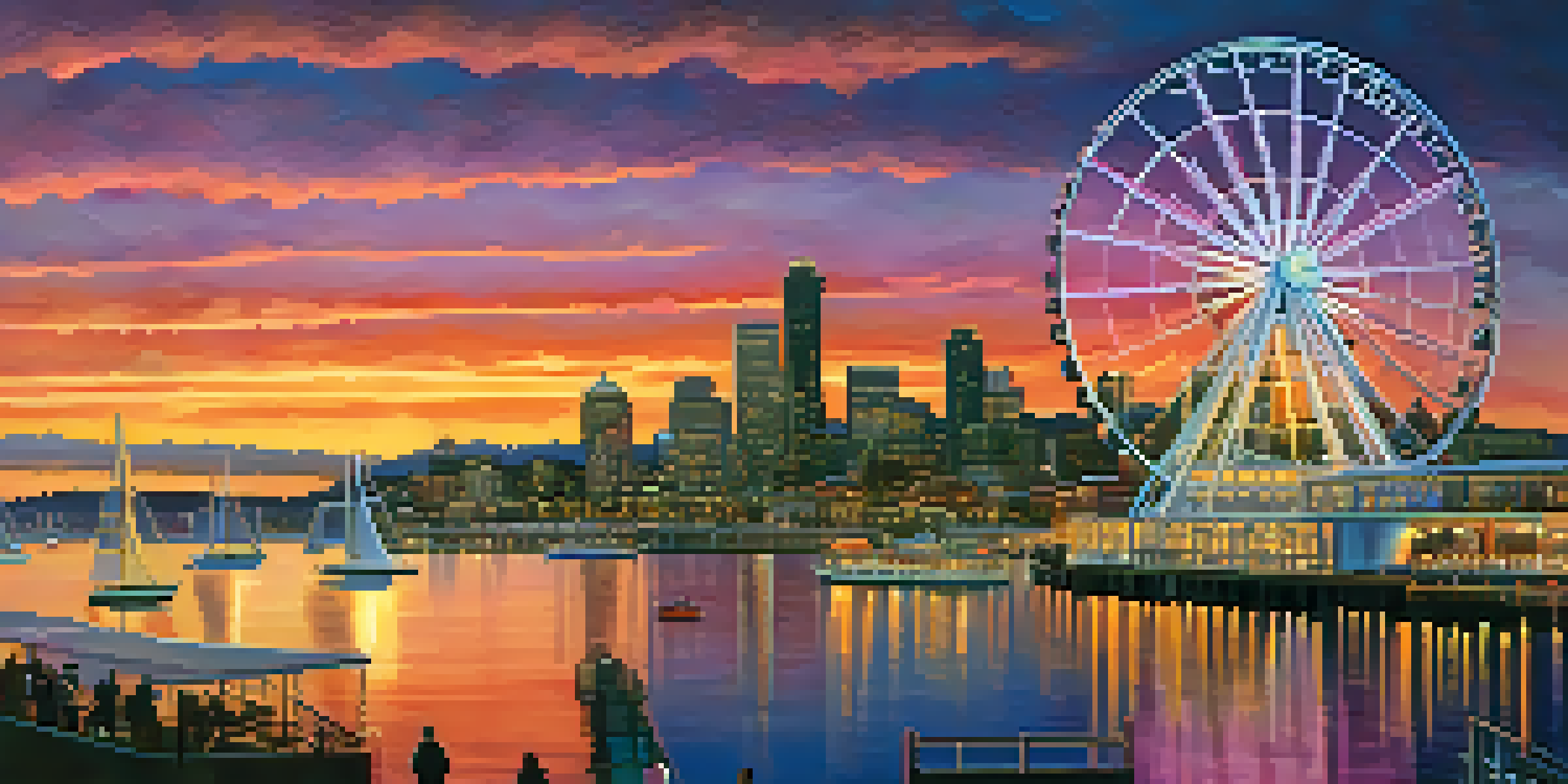 A scenic view of the Seattle Great Wheel at sunset, showcasing its illuminated structure and the colorful sky reflected in the water.