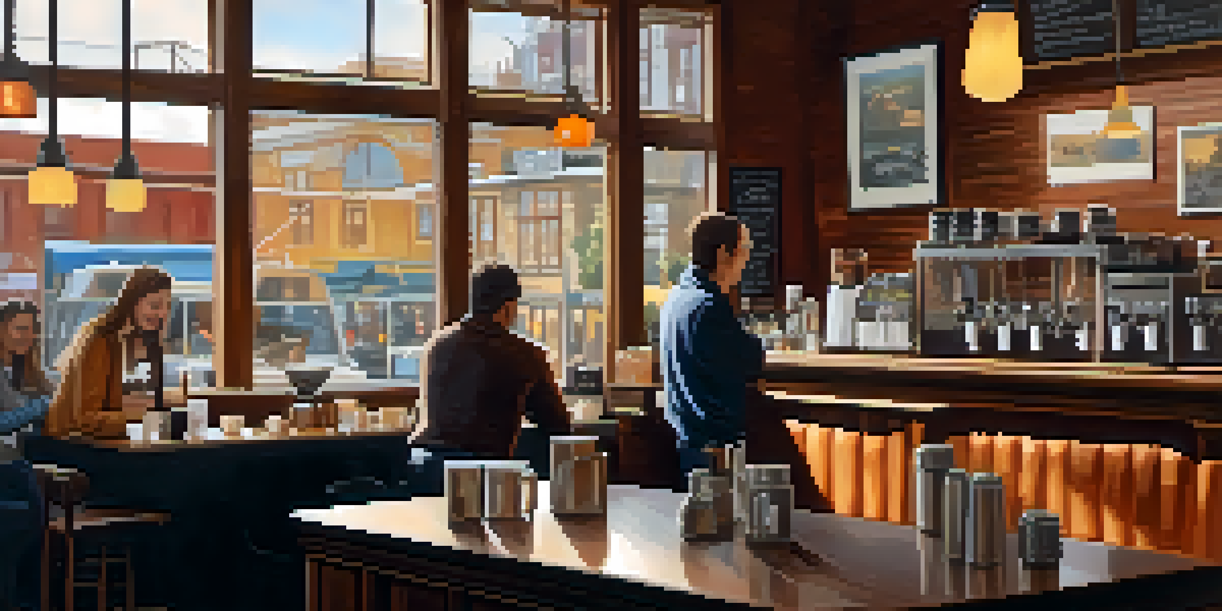 A warm and inviting interior of a coffee shop in Seattle, with wooden furniture and a barista making coffee, showcasing a lively atmosphere.