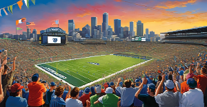 A lively sports stadium in Seattle filled with enthusiastic fans wearing team colors and waving flags, set against a clear blue sky and the city's skyline.