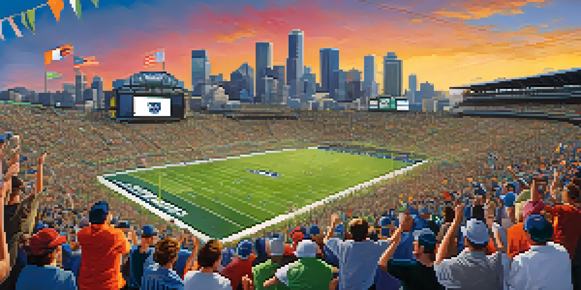 A lively sports stadium in Seattle filled with enthusiastic fans wearing team colors and waving flags, set against a clear blue sky and the city's skyline.
