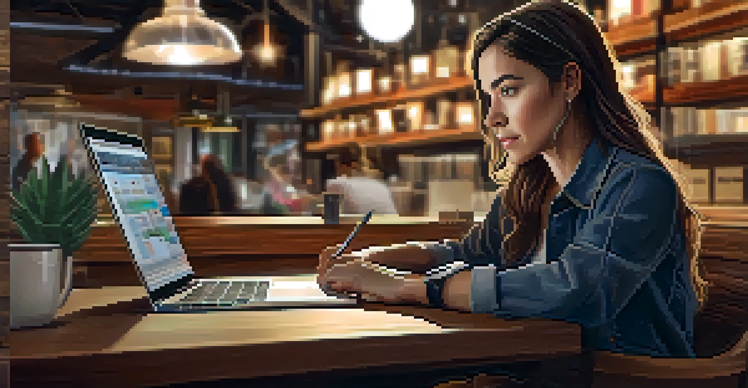 A woman focused on coding at a laptop in a cozy coffee shop, surrounded by warm colors and textures.